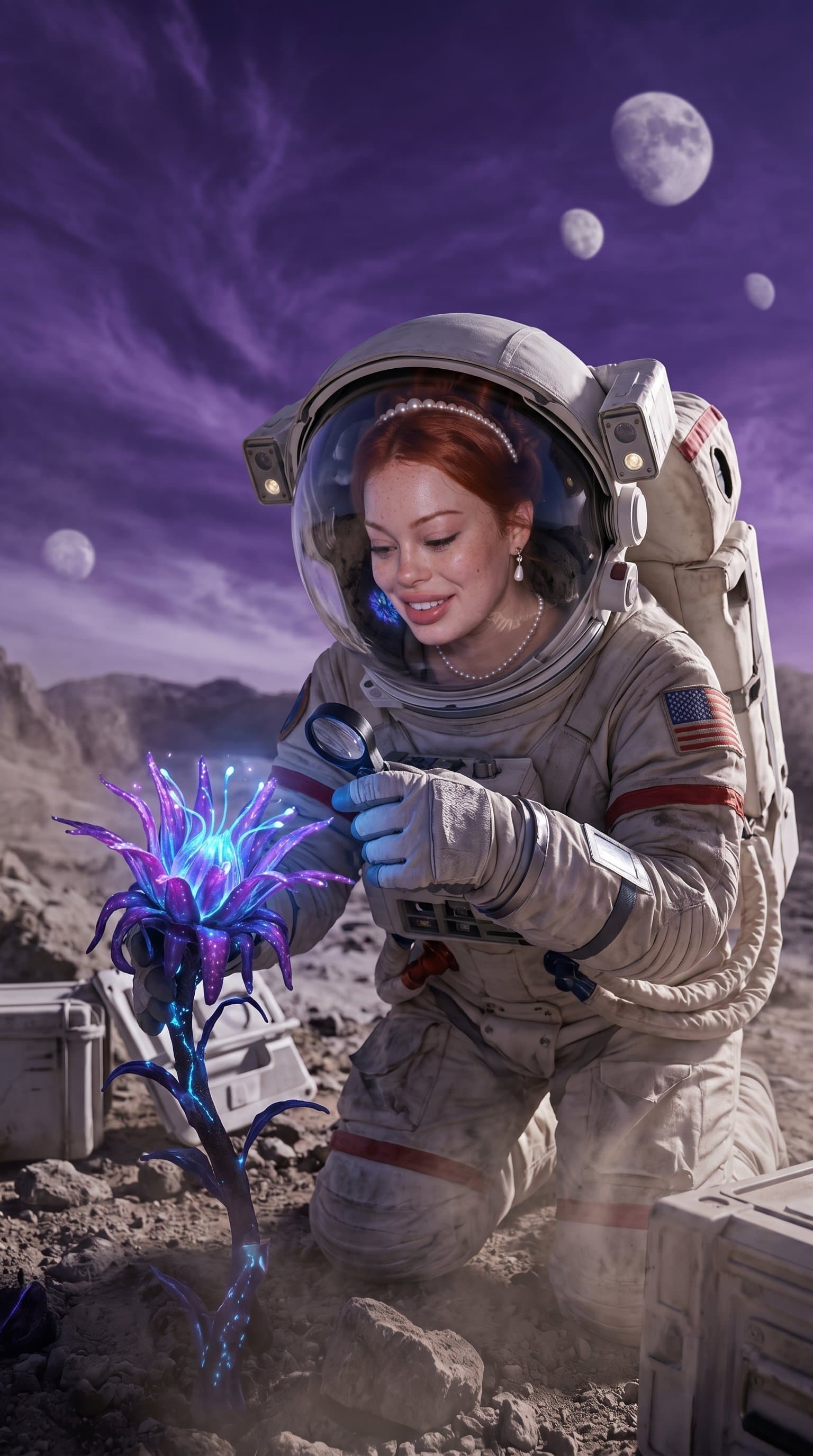An astronaut examining a strange alien plant on an extraterrestrial landscape, under a purple-hued sky.