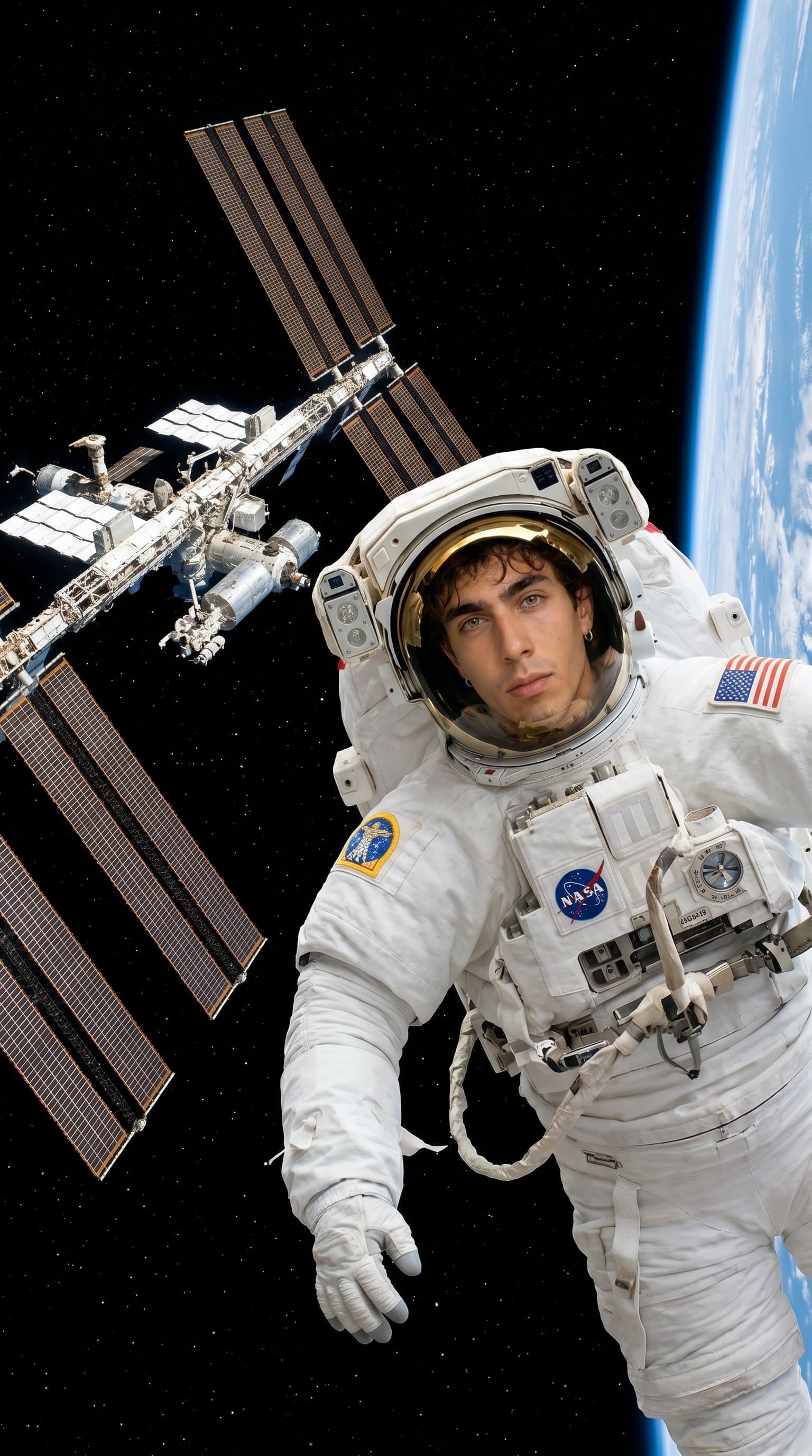 The man in a classic astronaut suit, floating near a space station with the black void stretching out behind.