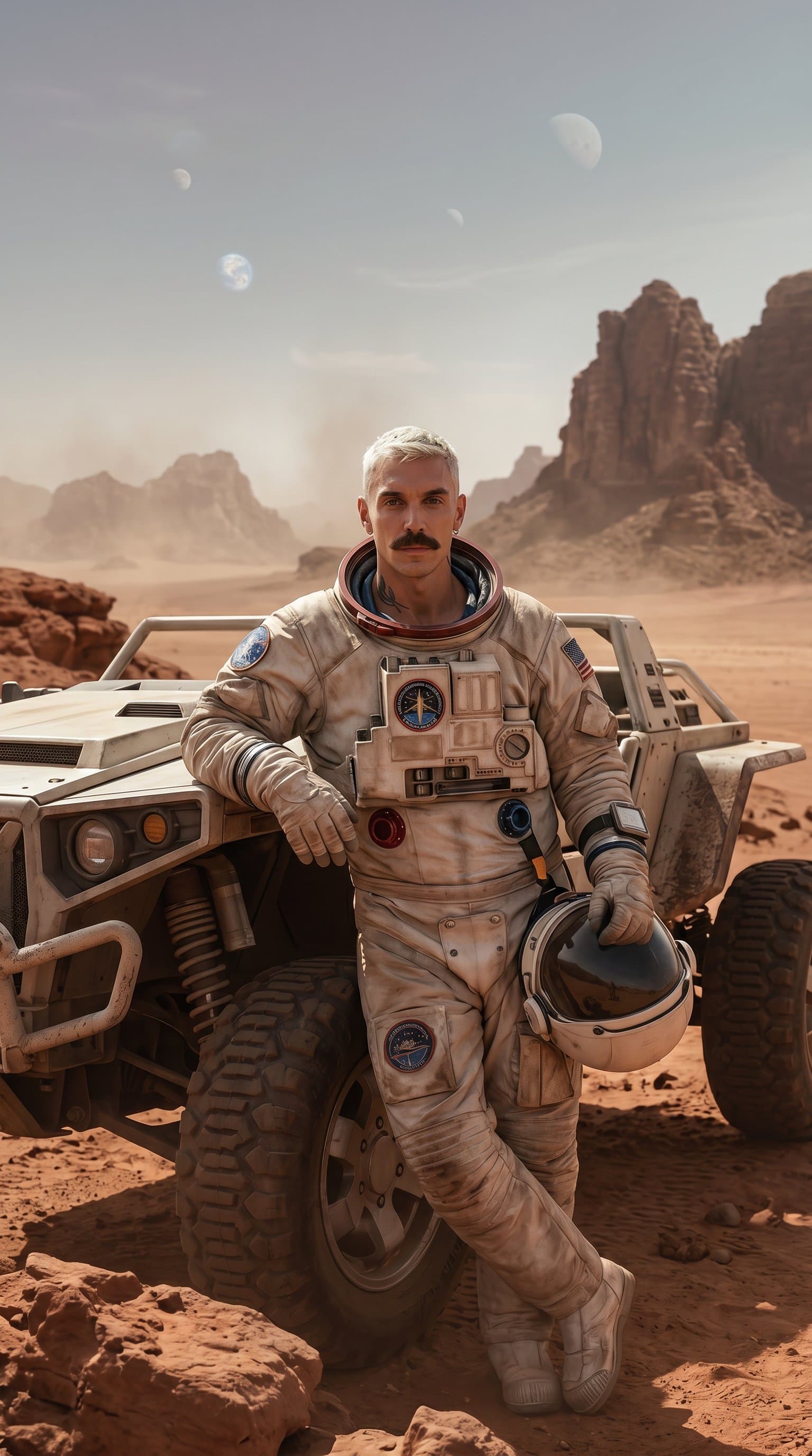 The man in an astronaut suit, leaning on a rover vehicle, with a barren alien desert in the background.
