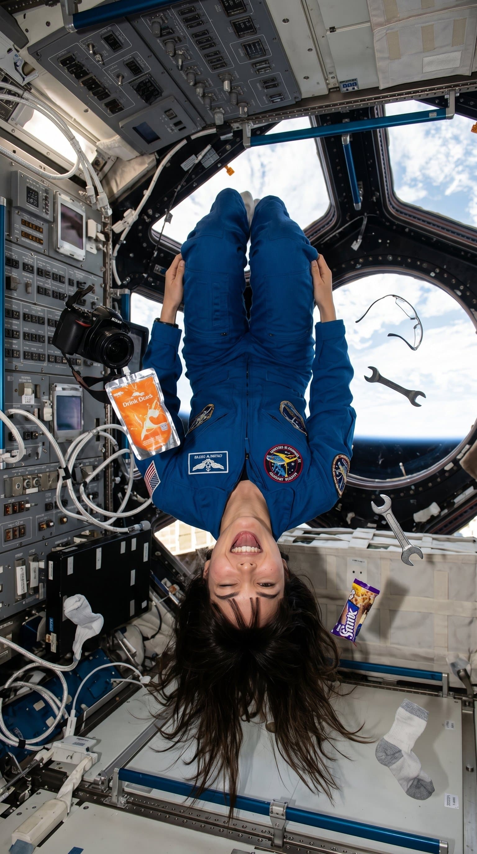 An astronaut floating upside down in their spacecraft, with a playful expression and scattered objects floating around.