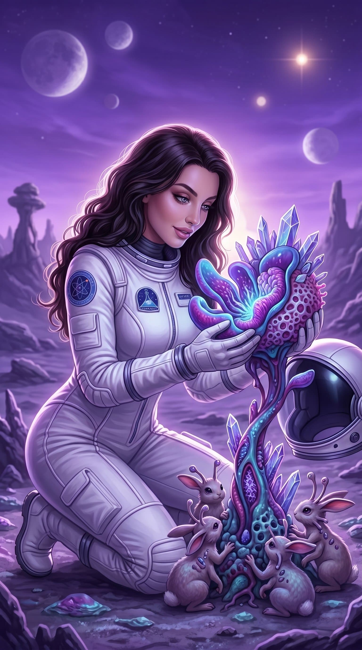 An astronaut examining a strange alien plant on an extraterrestrial landscape, under a purple-hued sky.