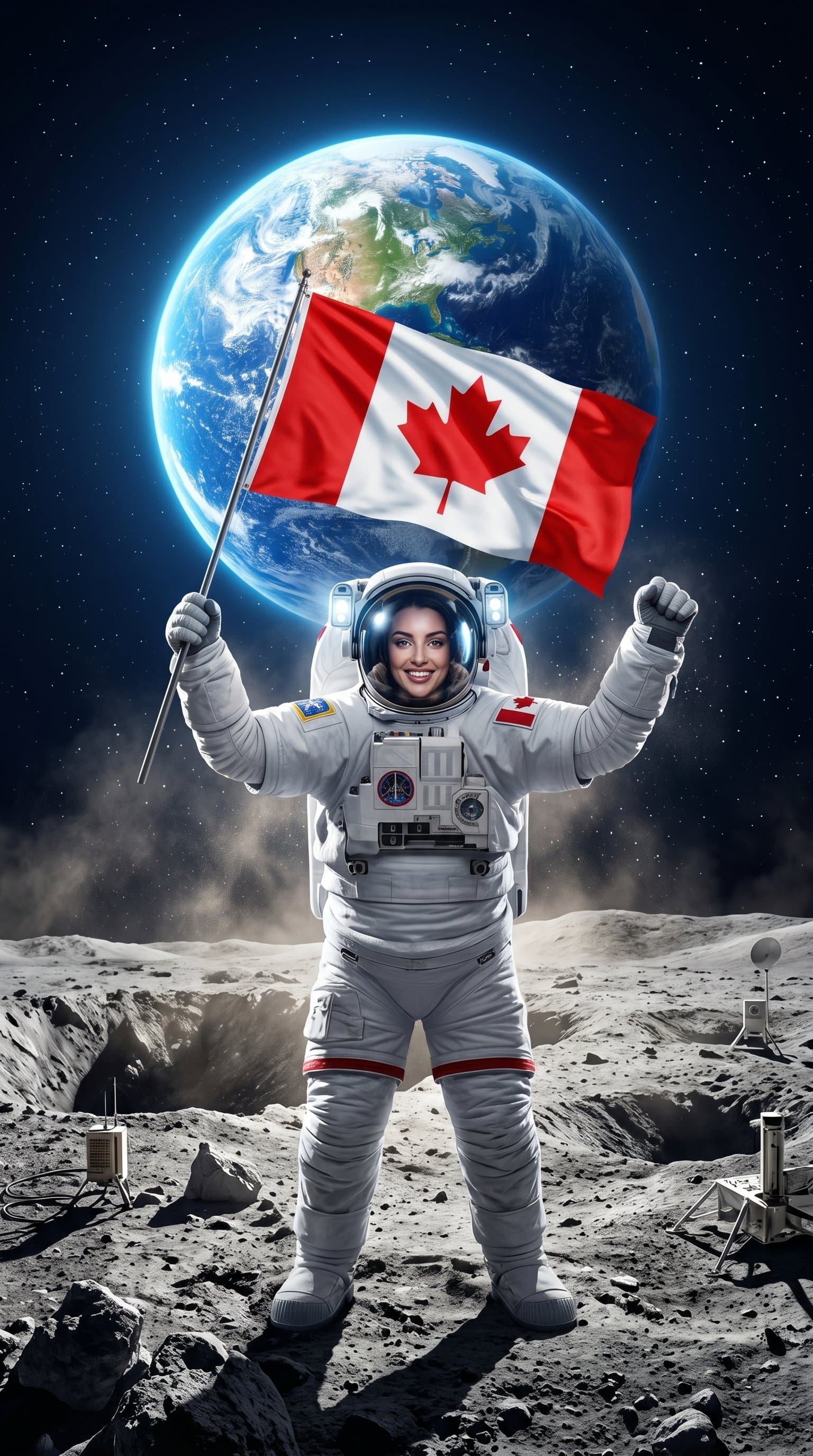 An astronaut holding their country's flag in a triumphant pose on a moon's surface, with Earth's glow in the distant sky.