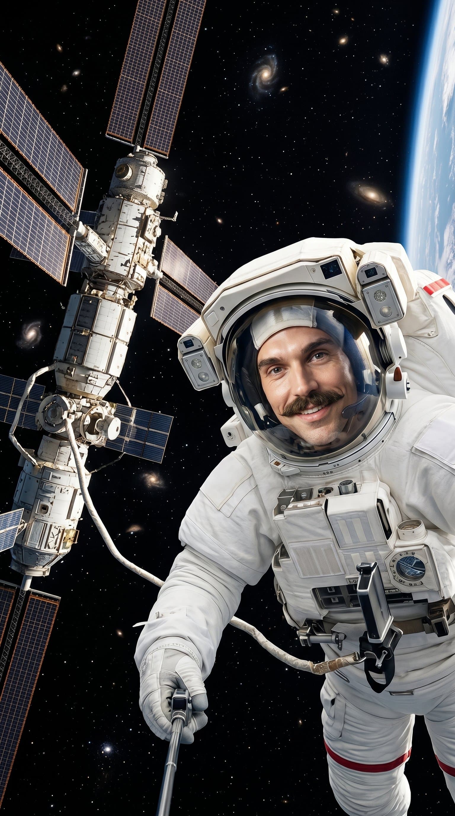 The man in a classic astronaut suit, floating near a space station with the black void stretching out behind.