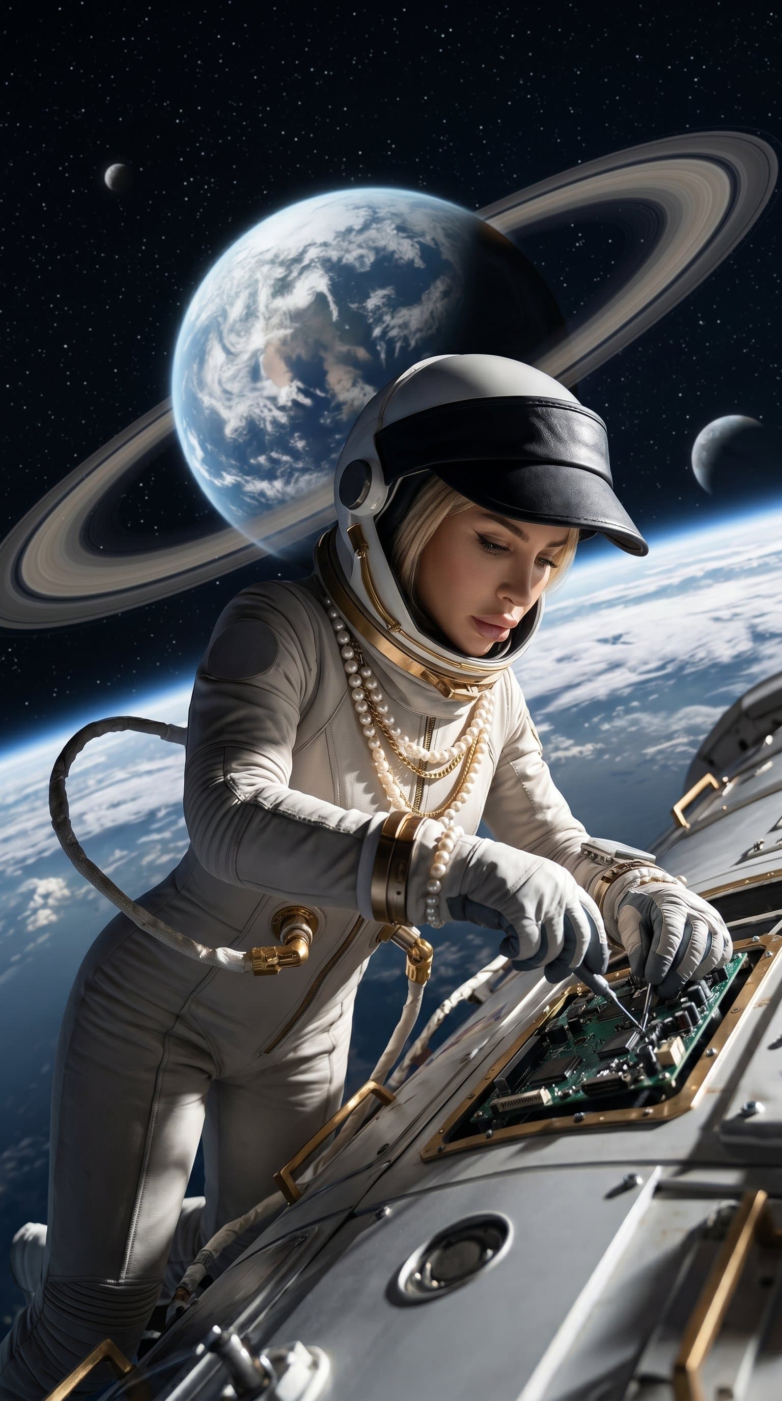 An astronaut repairing their spaceship, intensely focused, with a backdrop of an uncharted planet and its rings.