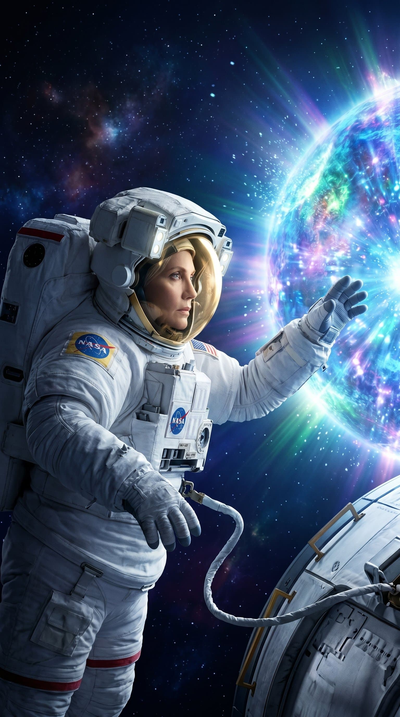 An astronaut doing a spacewalk, reaching out towards a glowing, otherworldly celestial body in the background.