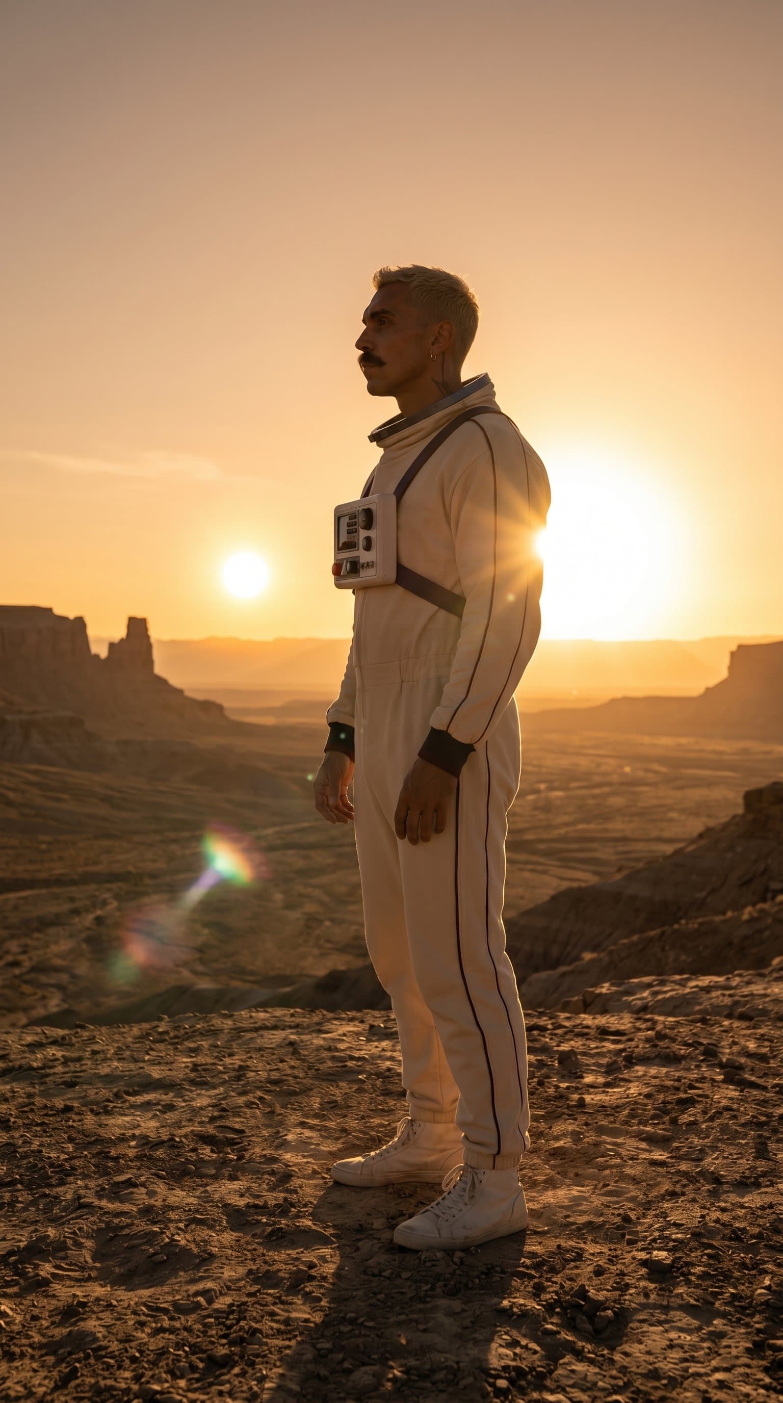 A man standing on a distant planet's surface, backlit by a dual sunrise, casting a dramatic silhouette.