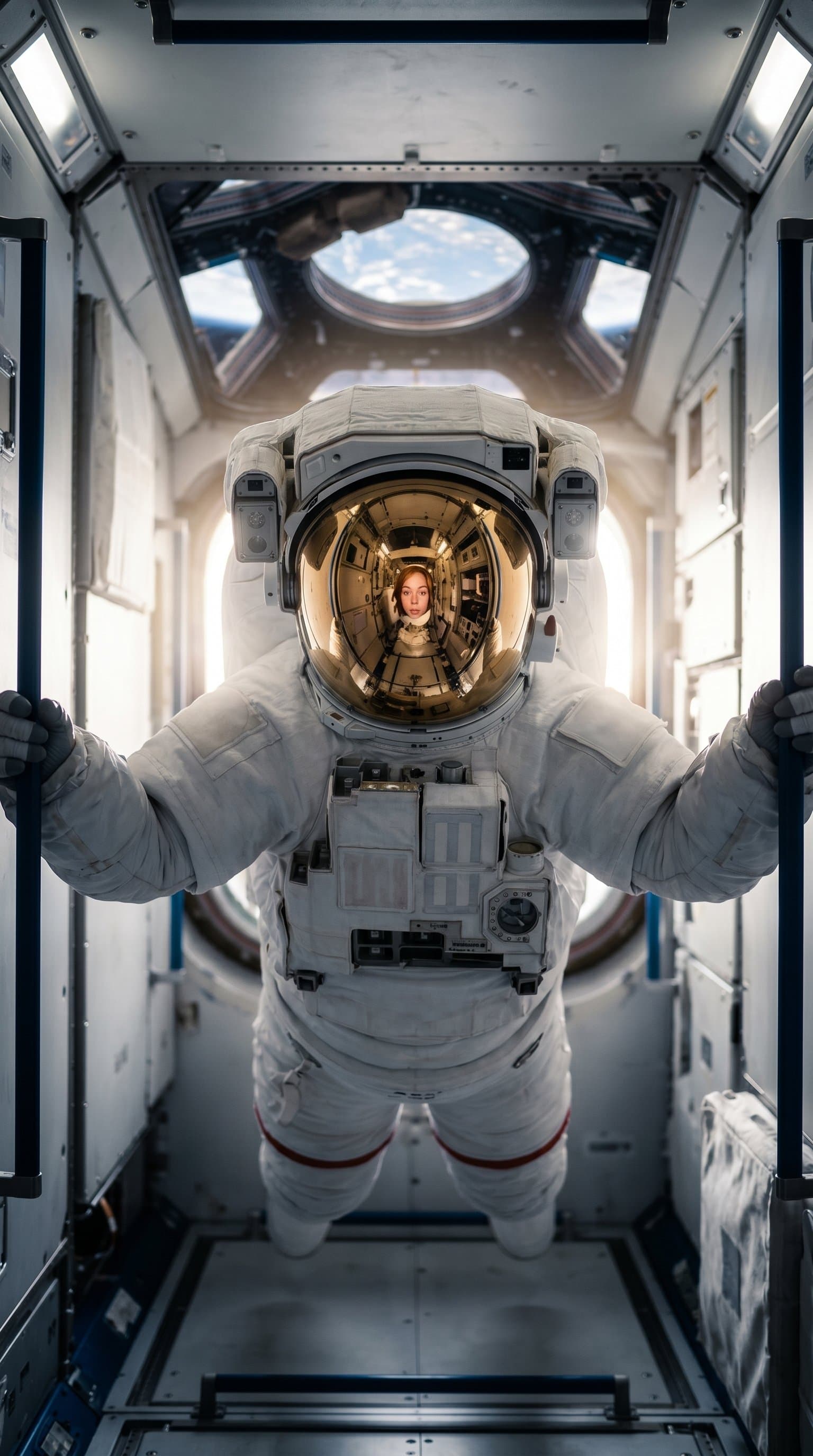 An astronaut in a gold-visored helmet, floating in the space station's corridor, with soft light illuminating the scene from behind.