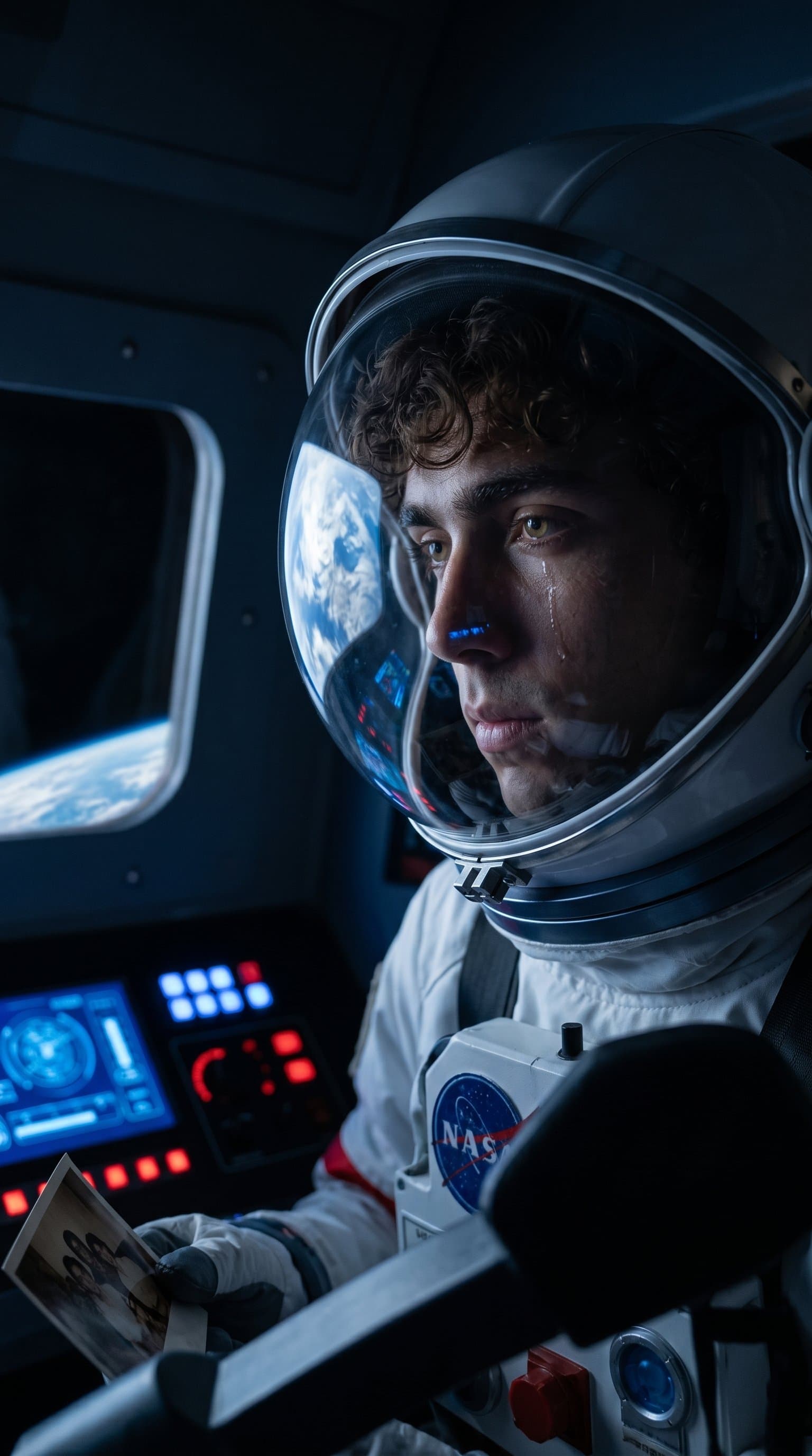 The man sitting inside a spacecraft with the Earth reflected in the helmet's visor, creating a somber mood.