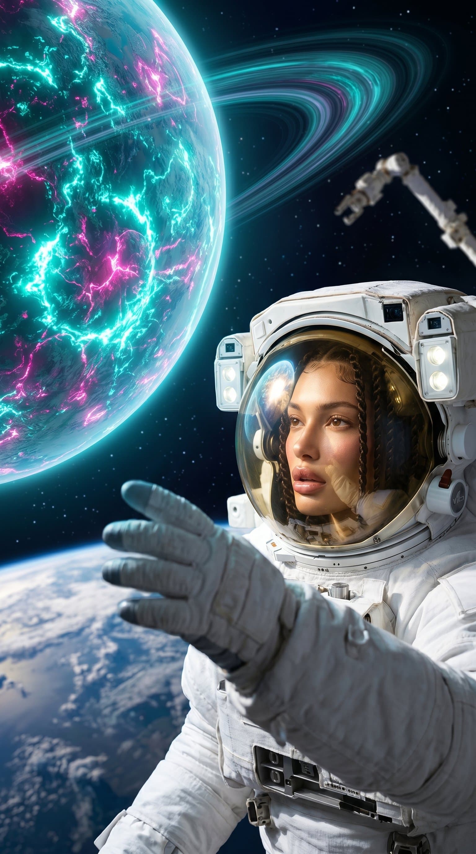 An astronaut doing a spacewalk, reaching out towards a glowing, otherworldly celestial body in the background.