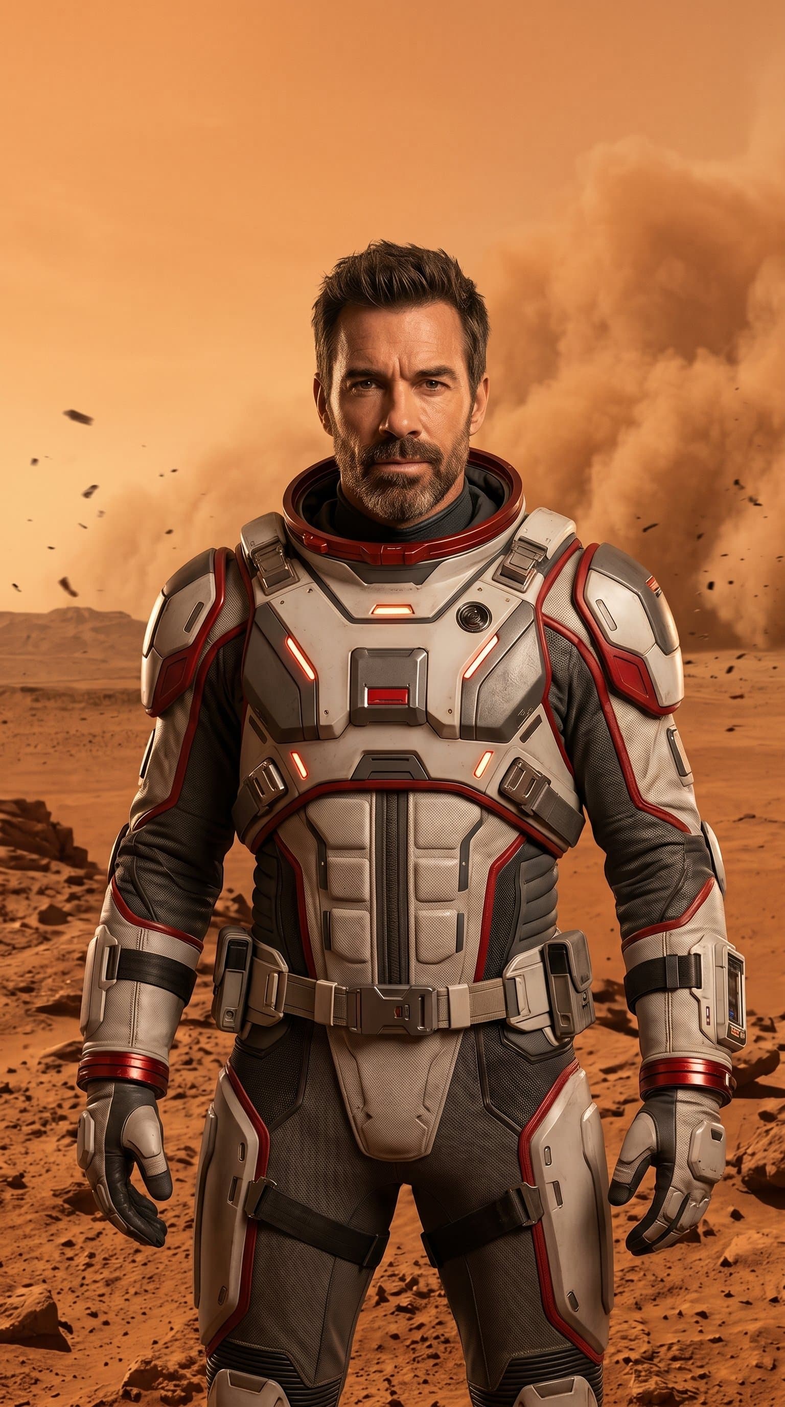The man in a futuristic space suit, standing valiantly on a Mars-like reddish landscape, with a storm brewing in the background.