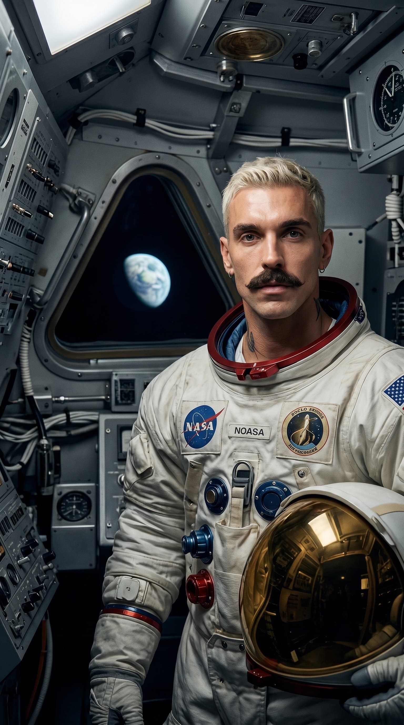A man in a vintage astronaut suit, standing in the lunar lander with a softly lit Earth in the background.