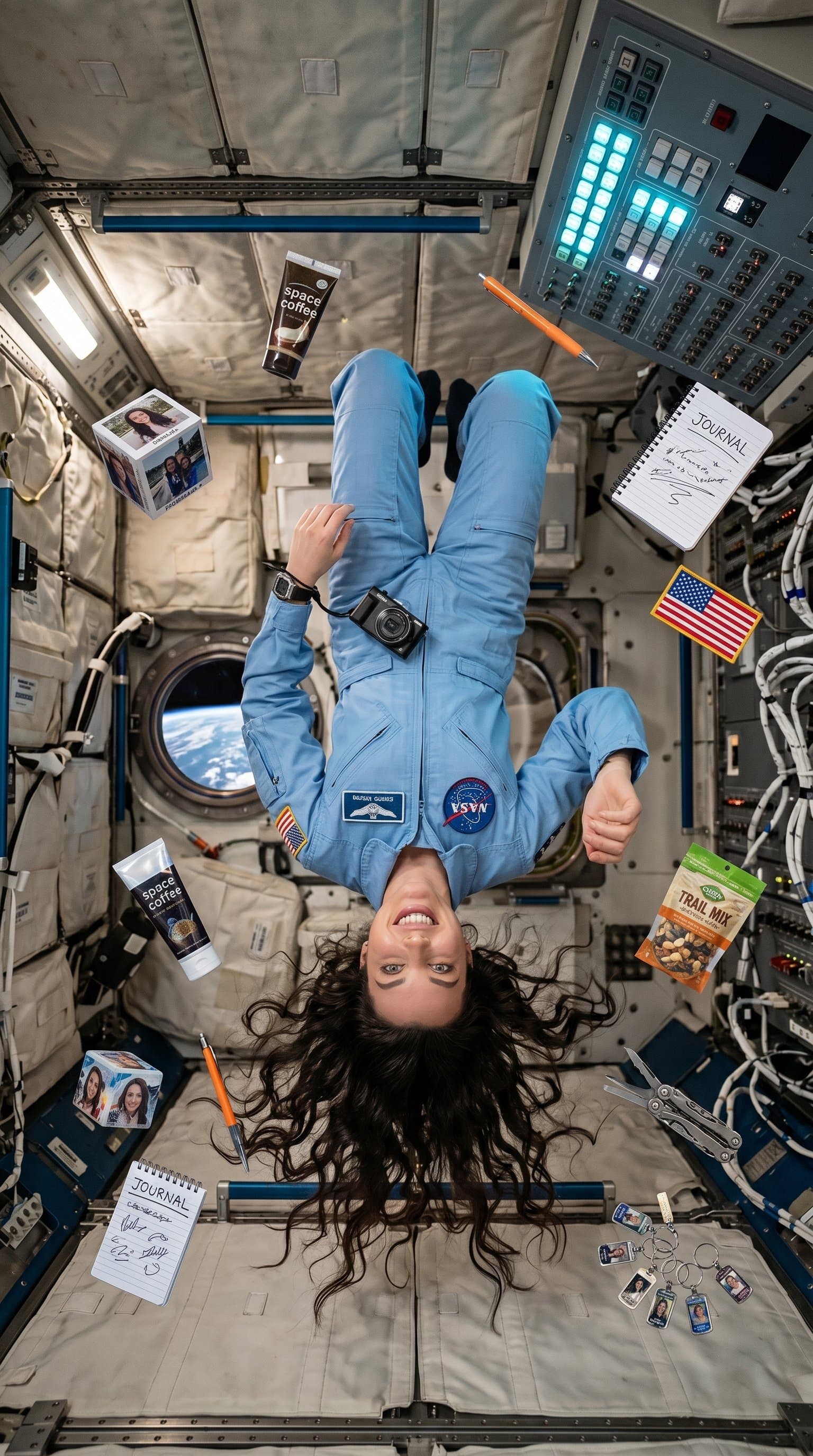 An astronaut floating upside down in their spacecraft, with a playful expression and scattered objects floating around.