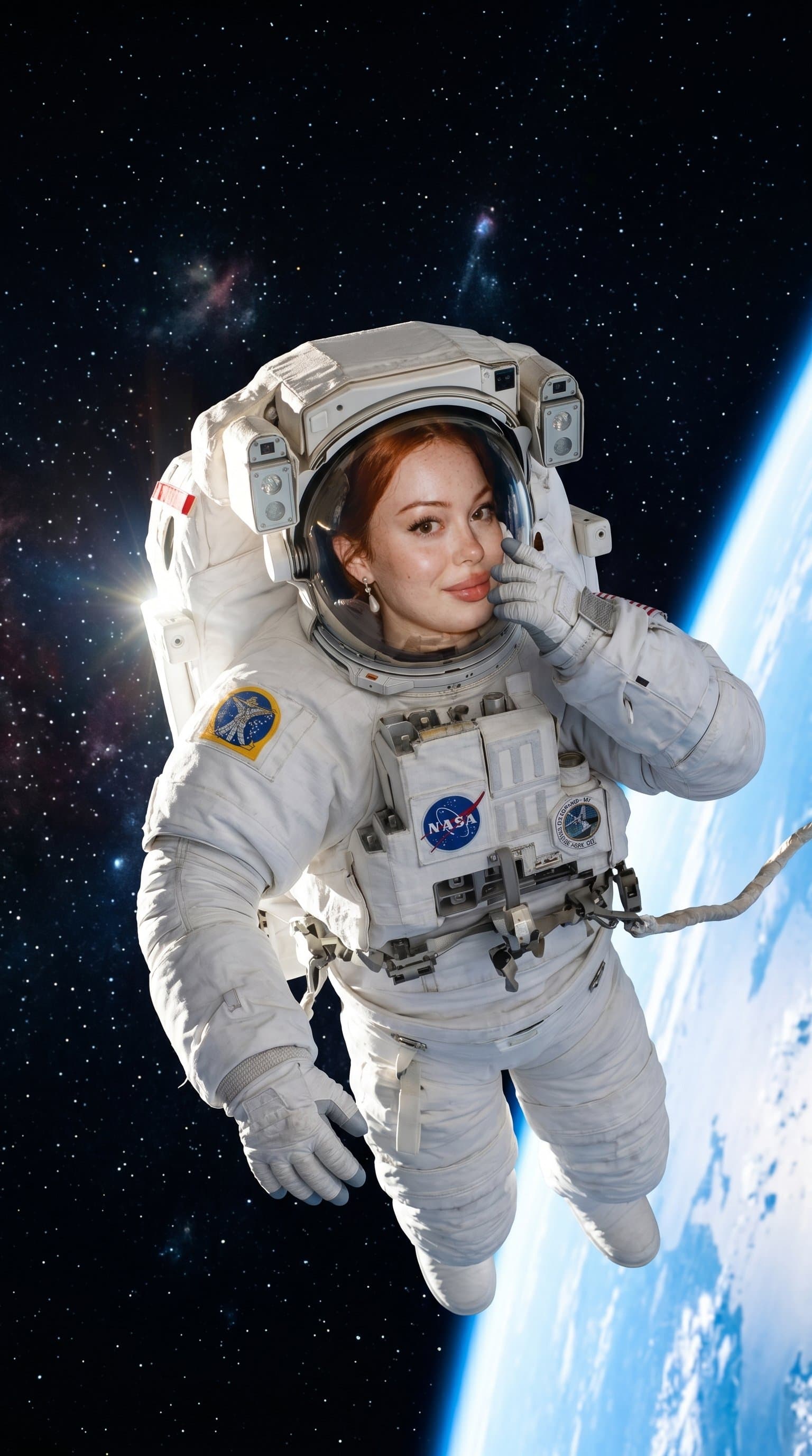 An astronaut in a white suit, suspended in a dark void of space with distant stars shining brightly.