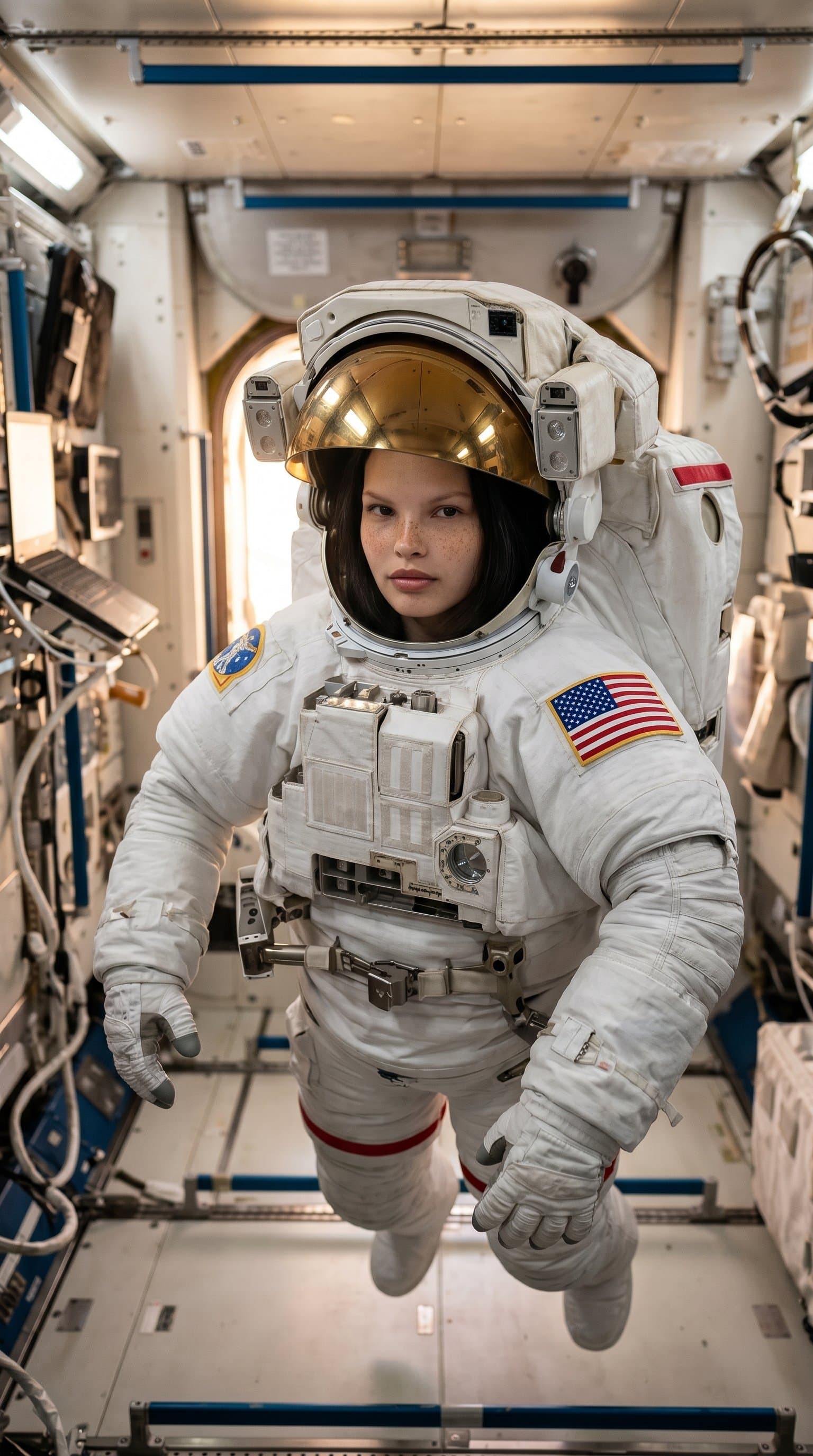 An astronaut in a gold-visored helmet, floating in the space station's corridor, with soft light illuminating the scene from behind.