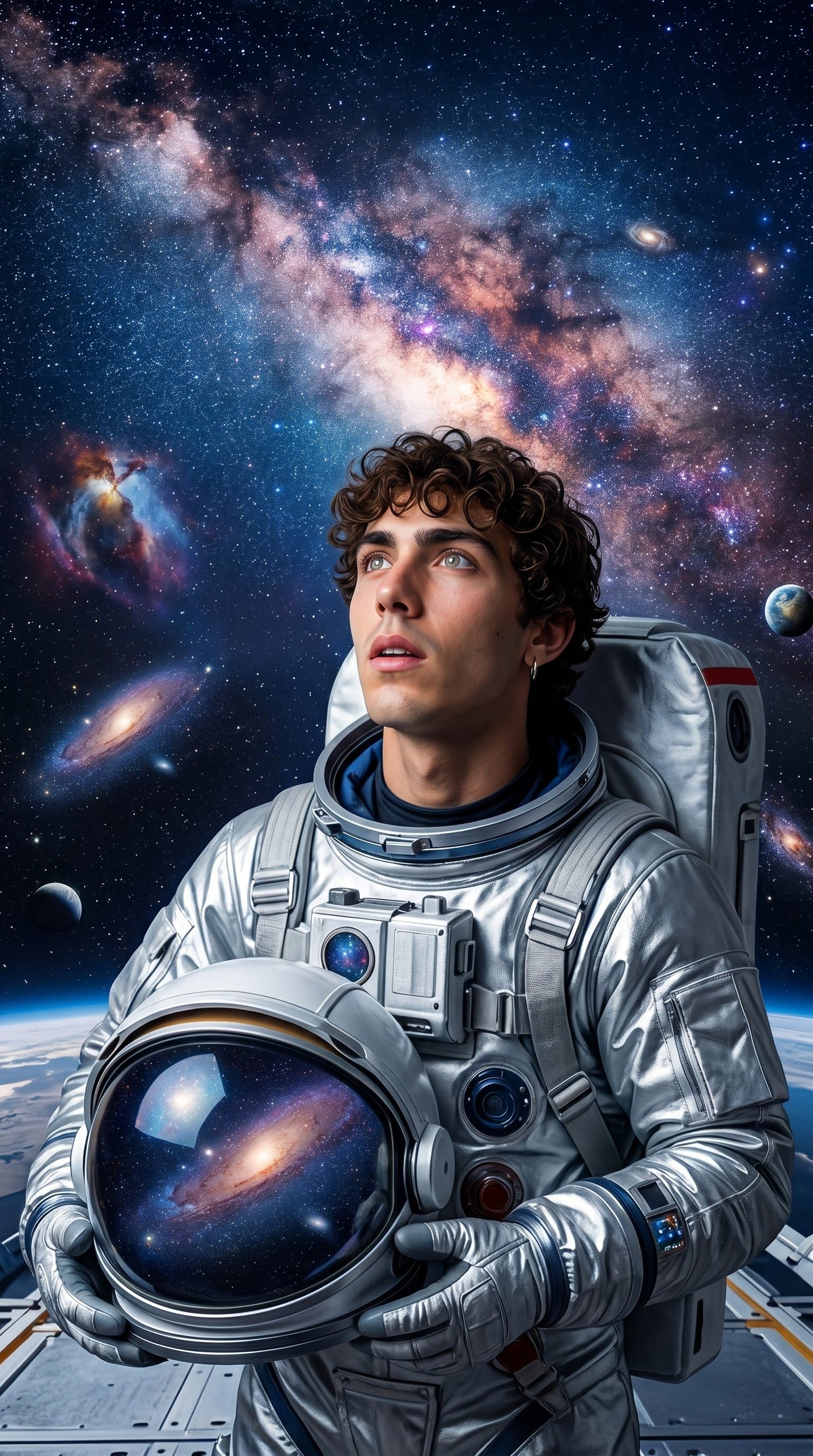 A man in a silver space suit, posing against a backdrop of the Milky Way with a sense of wonder.