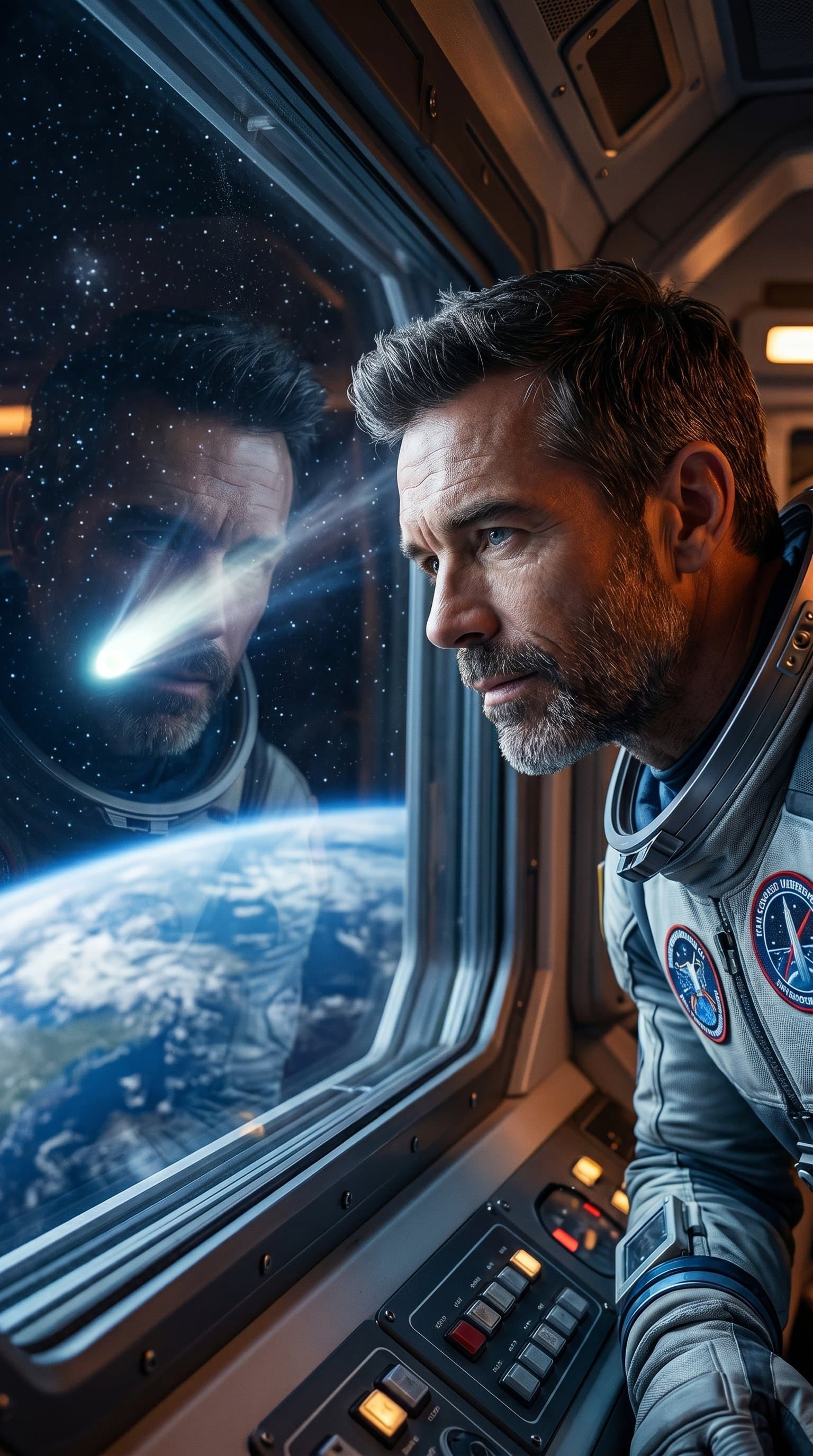 A man looking out of their spacecraft's window, with a reflection of a comet passing by in the glass.