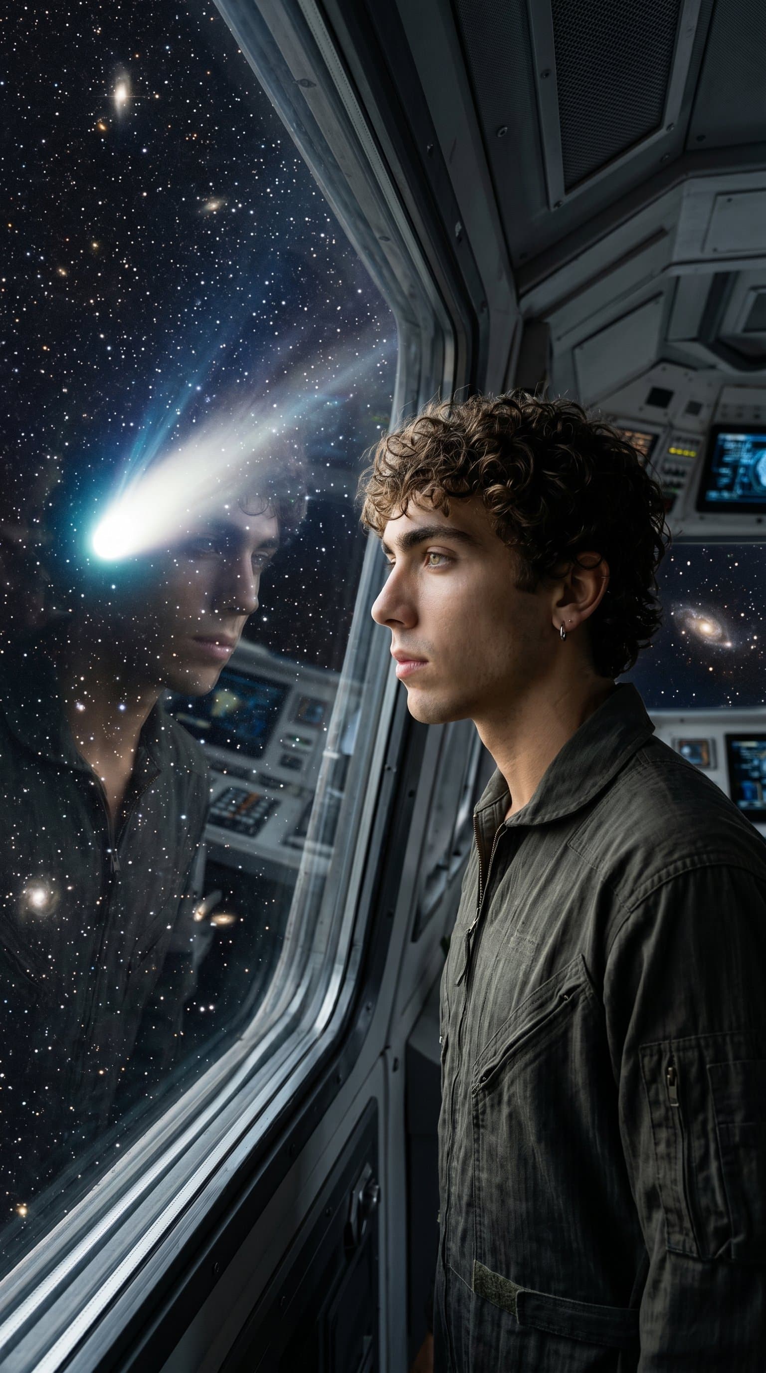 A man looking out of their spacecraft's window, with a reflection of a comet passing by in the glass.