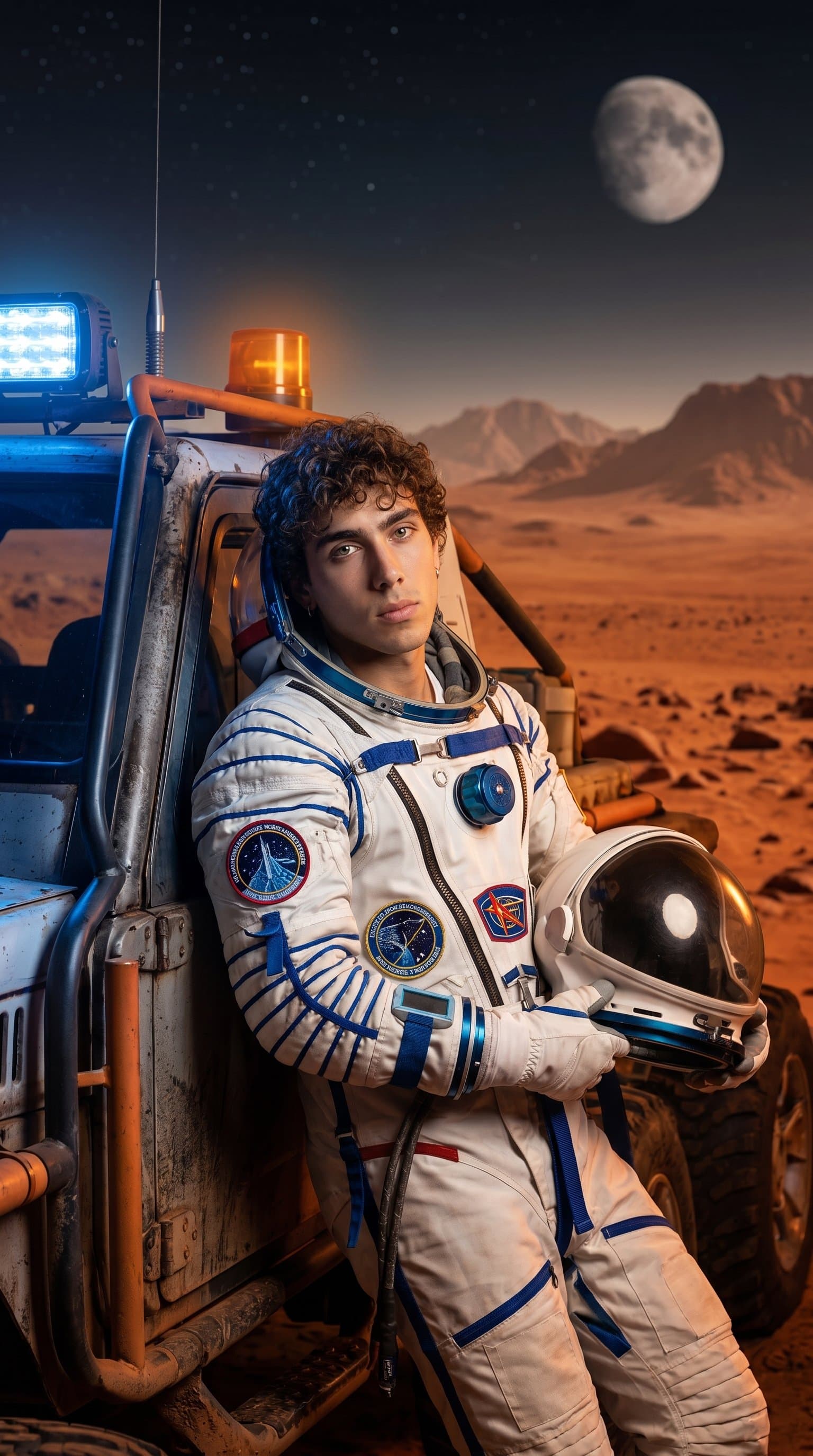The man in an astronaut suit, leaning on a rover vehicle, with a barren alien desert in the background.