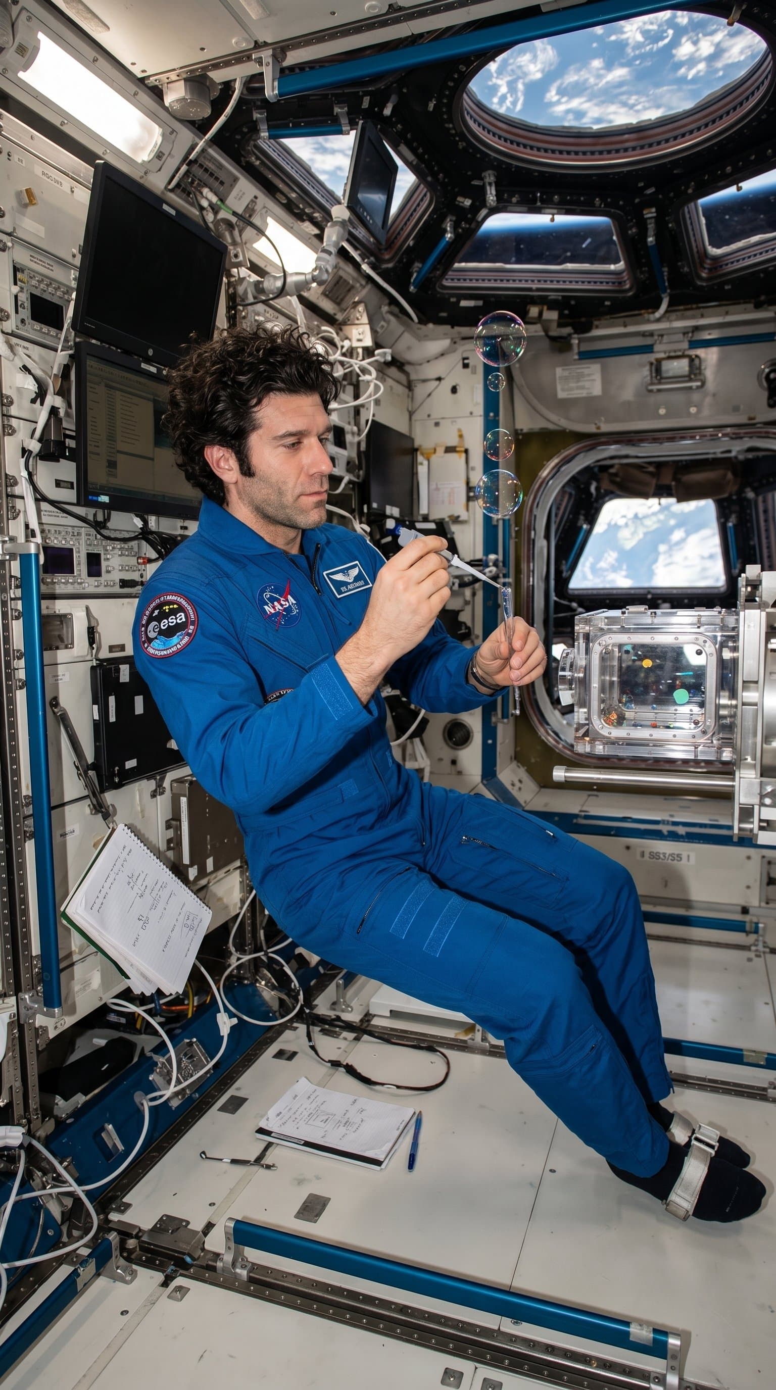 The man in an astronaut outfit, conducting a zero-gravity experiment in the lab module of a space station.