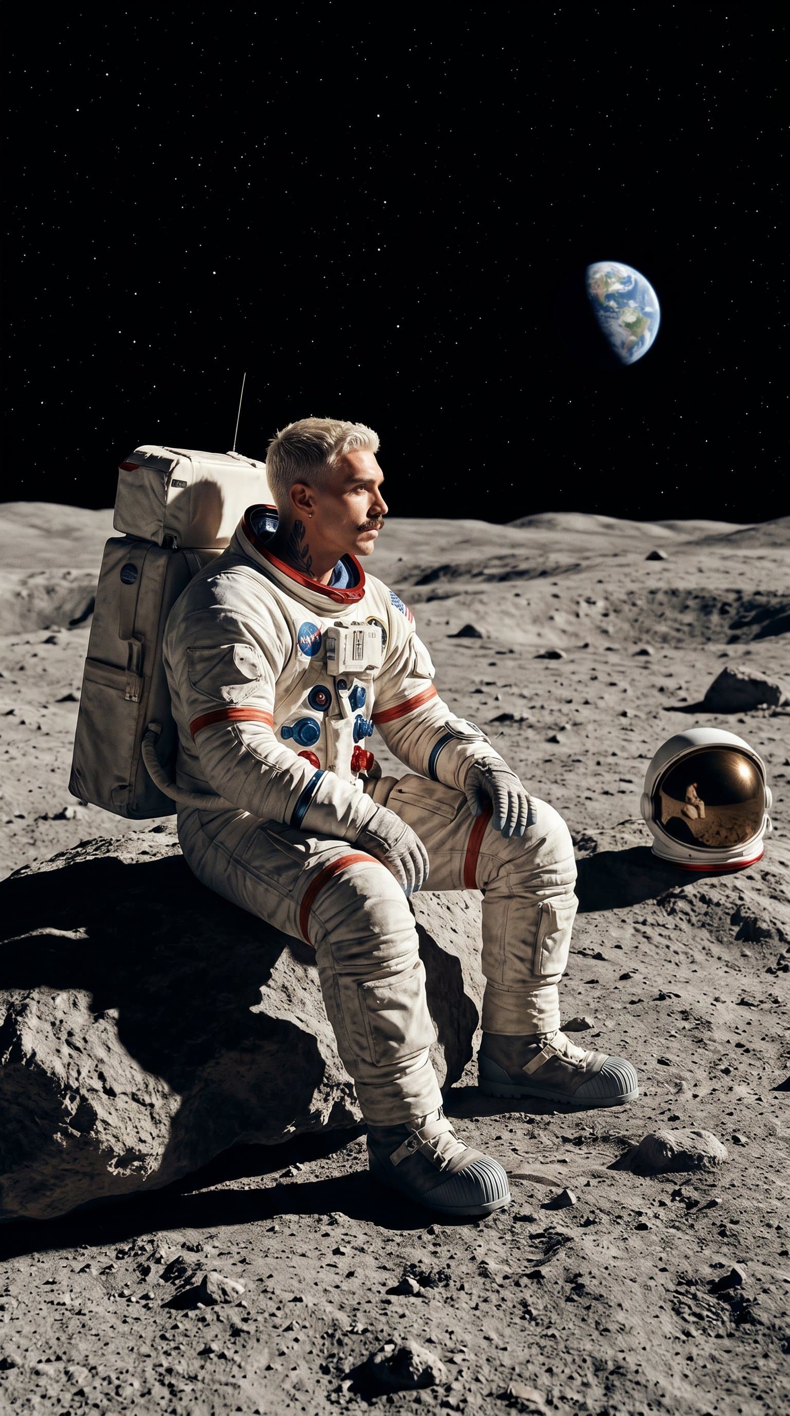 A man in a space suit, sitting contemplatively on a rock in a lunar landscape, bathed in cool, harsh shadows.
