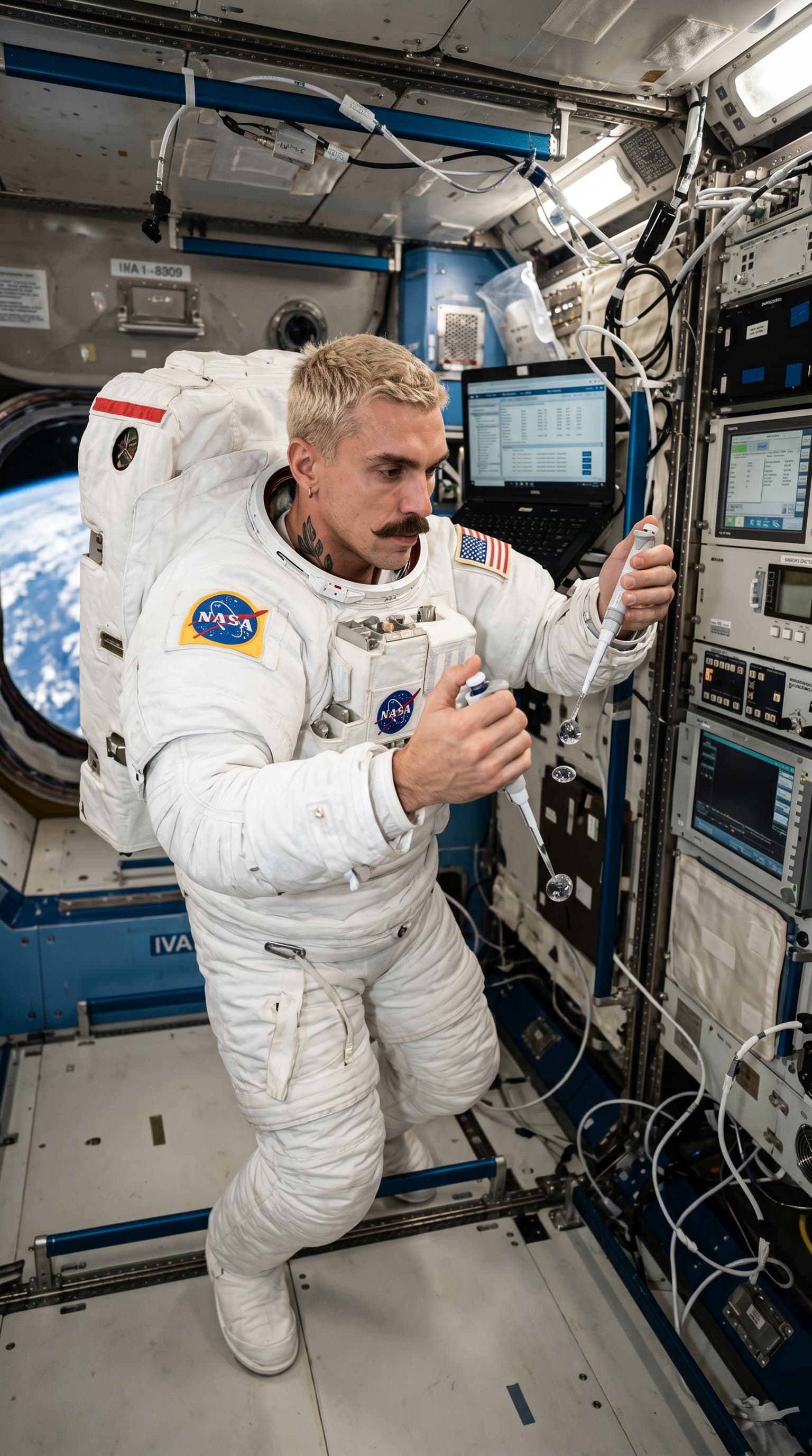 The man in an astronaut outfit, conducting a zero-gravity experiment in the lab module of a space station.