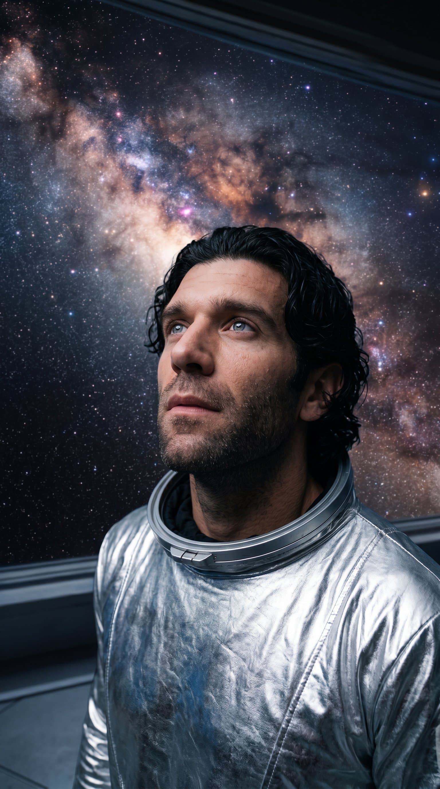 A man in a silver space suit, posing against a backdrop of the Milky Way with a sense of wonder.