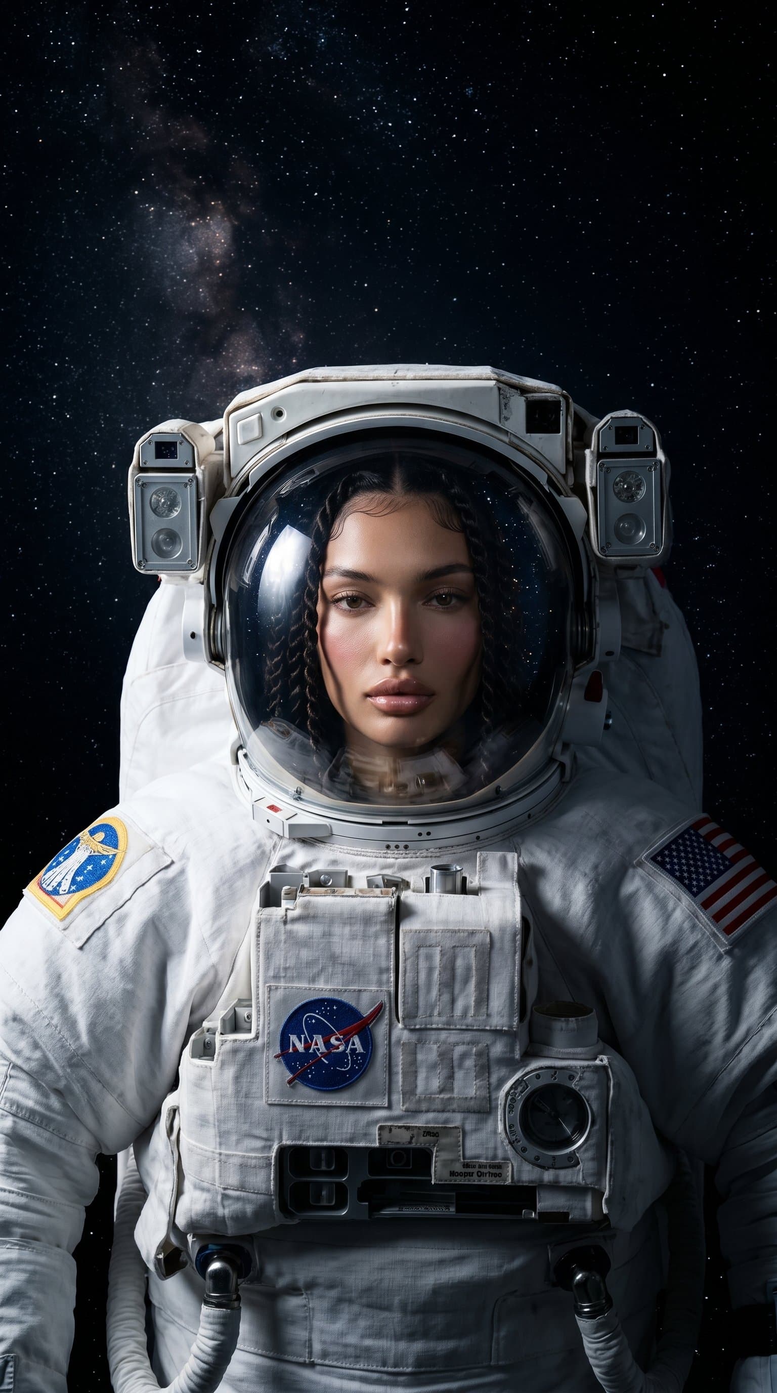 An astronaut in a white suit, suspended in a dark void of space with distant stars shining brightly.
