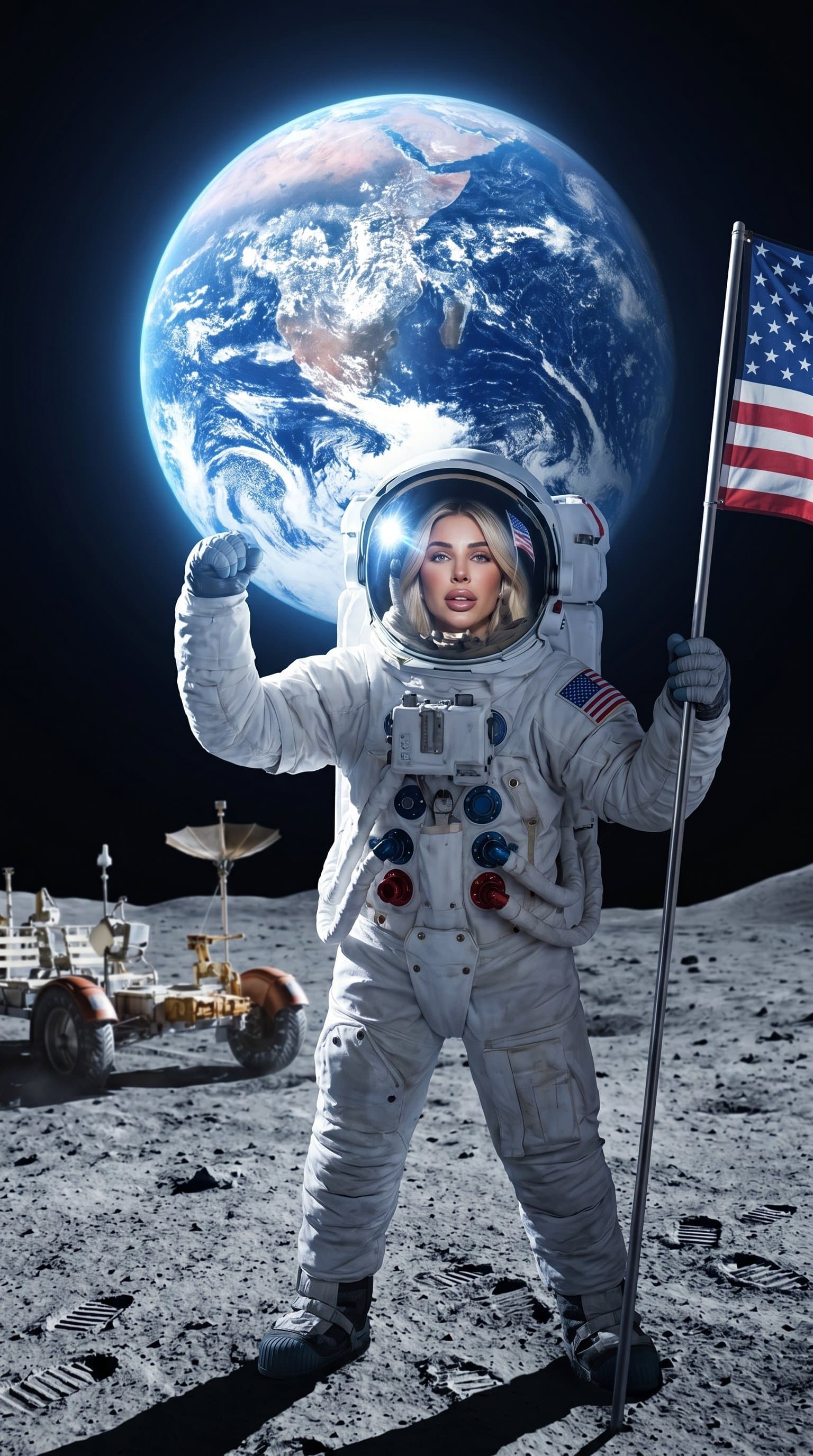 An astronaut holding their country's flag in a triumphant pose on a moon's surface, with Earth's glow in the distant sky.