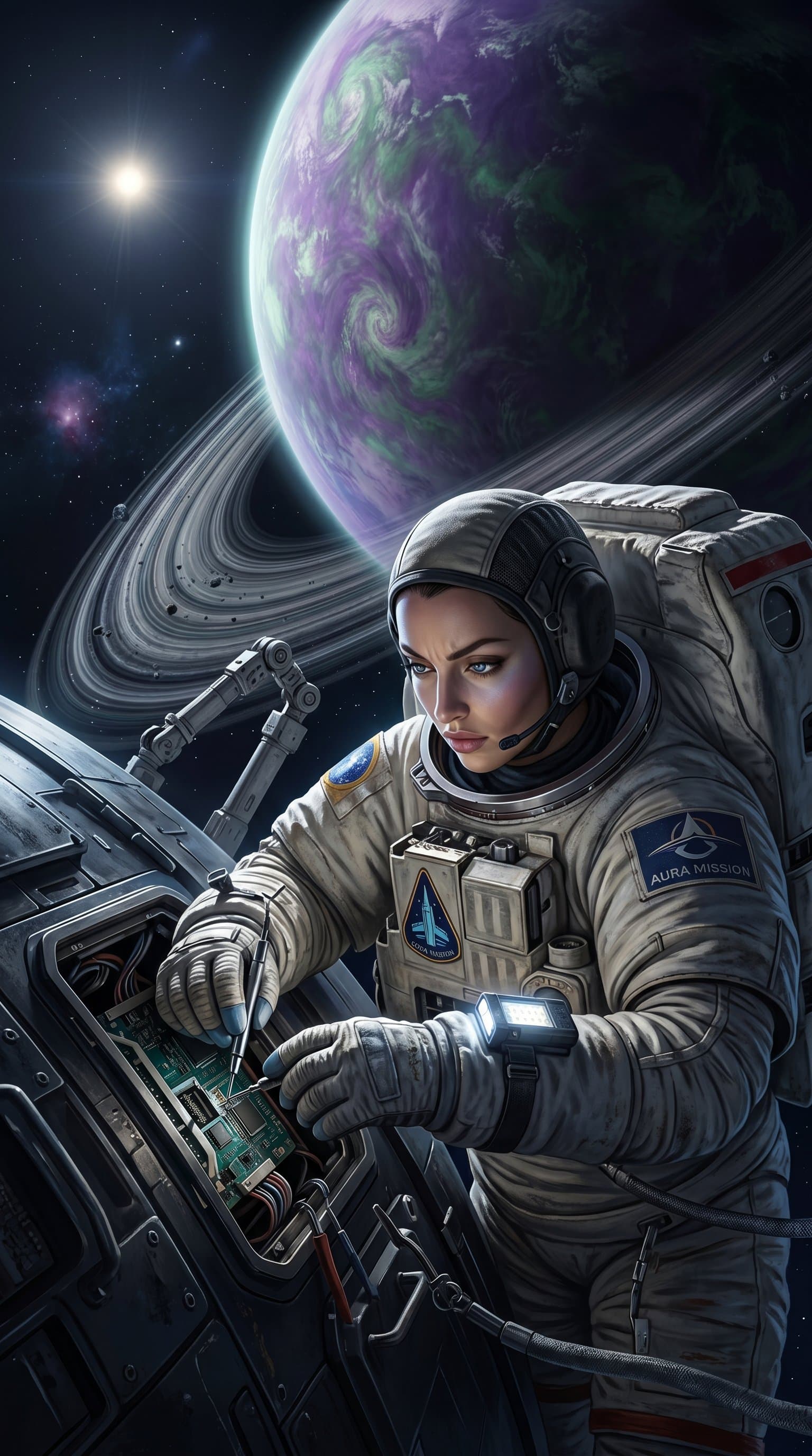 An astronaut repairing their spaceship, intensely focused, with a backdrop of an uncharted planet and its rings.