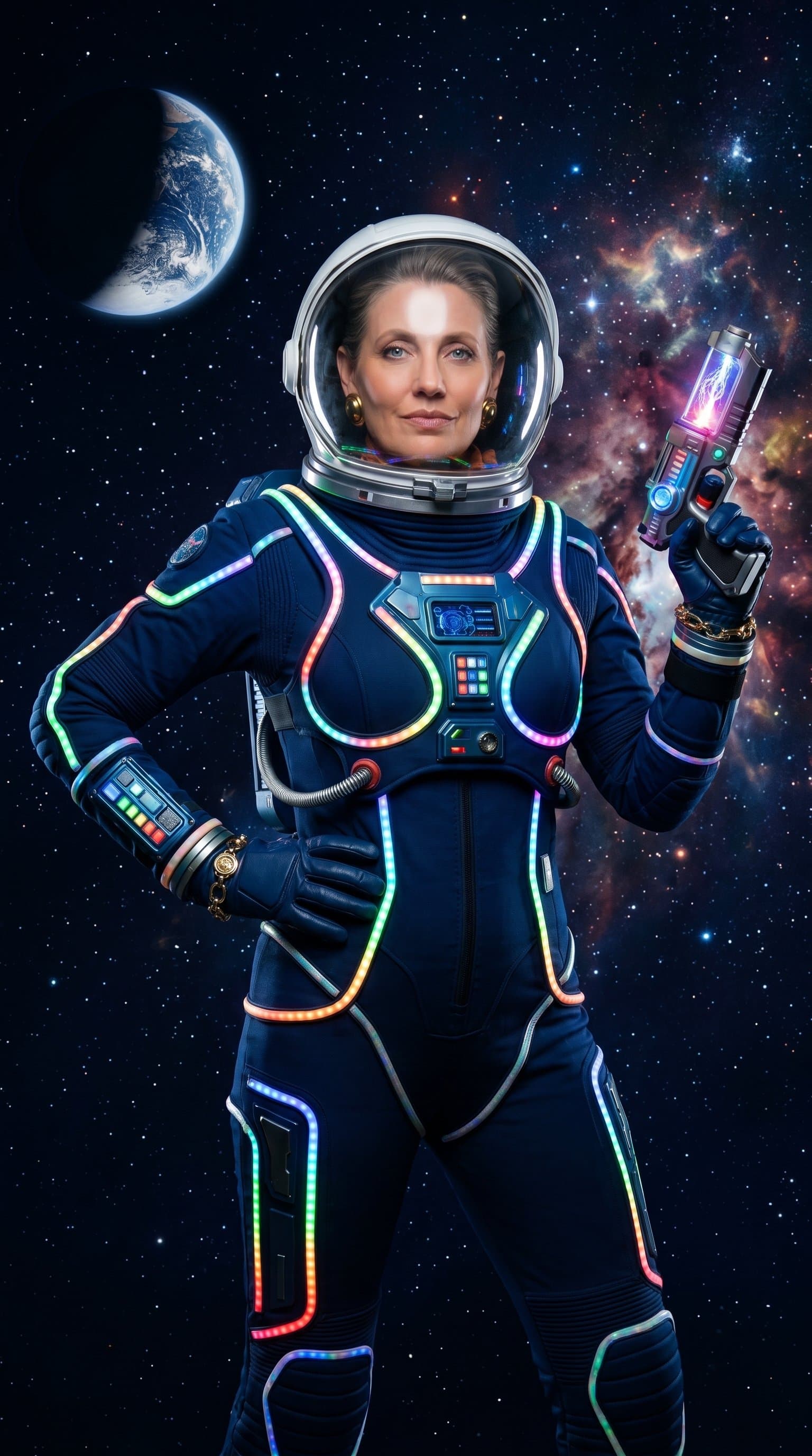 An astronaut in a suit fashioned with LED lighting, striking a bold pose against the velvety darkness of space.