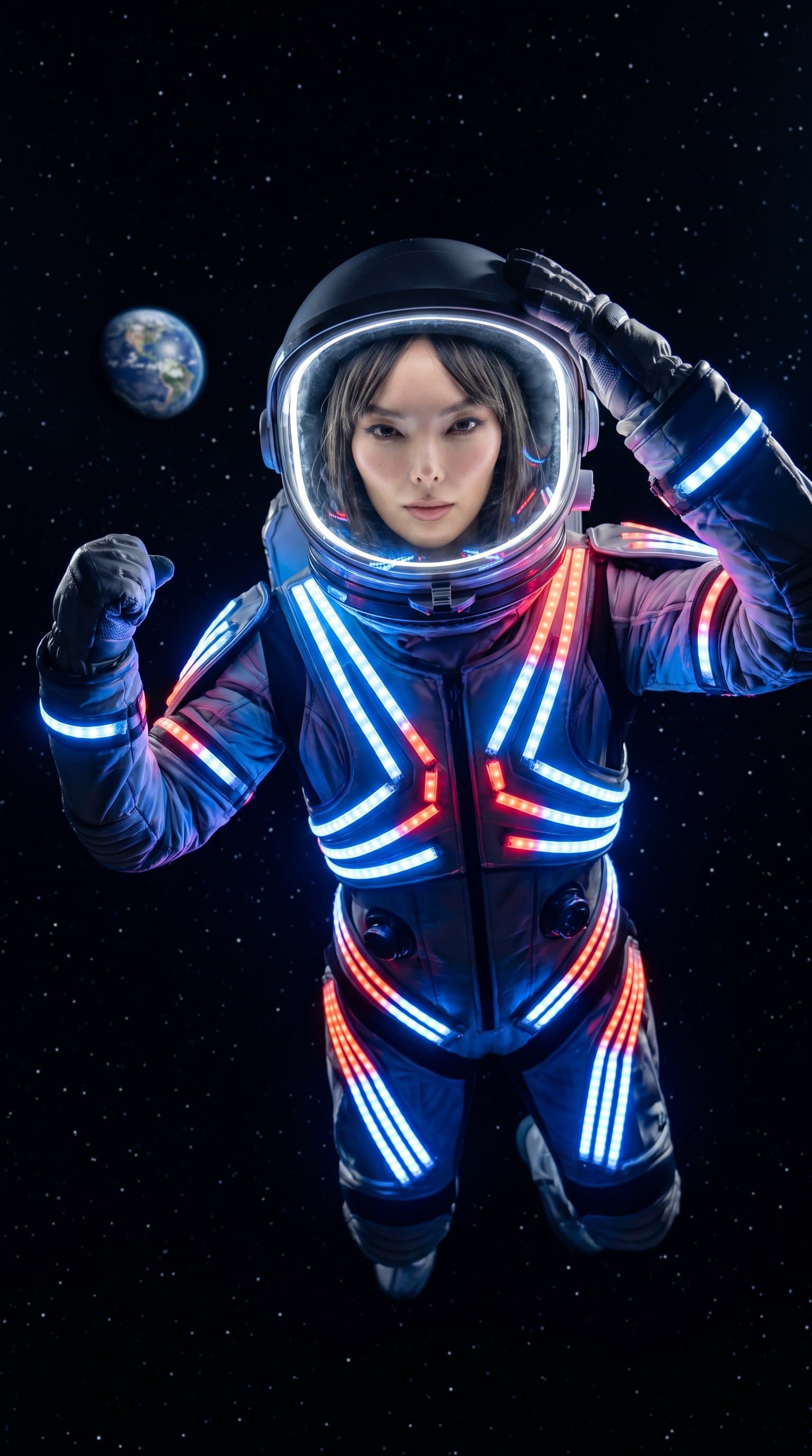 An astronaut in a suit fashioned with LED lighting, striking a bold pose against the velvety darkness of space.