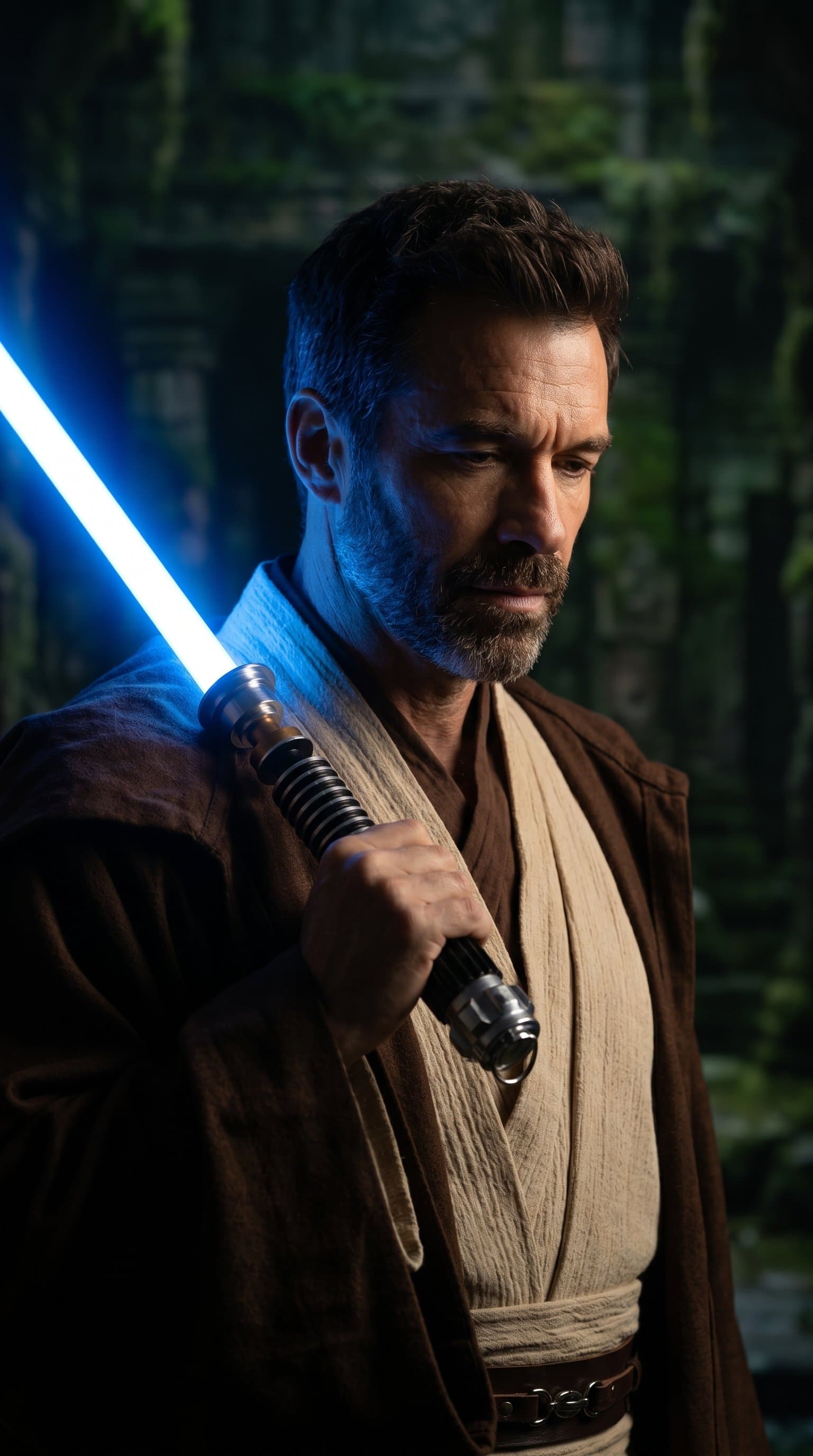 An introspective portrait of a Jedi with their blue lightsaber, with dramatic side lighting