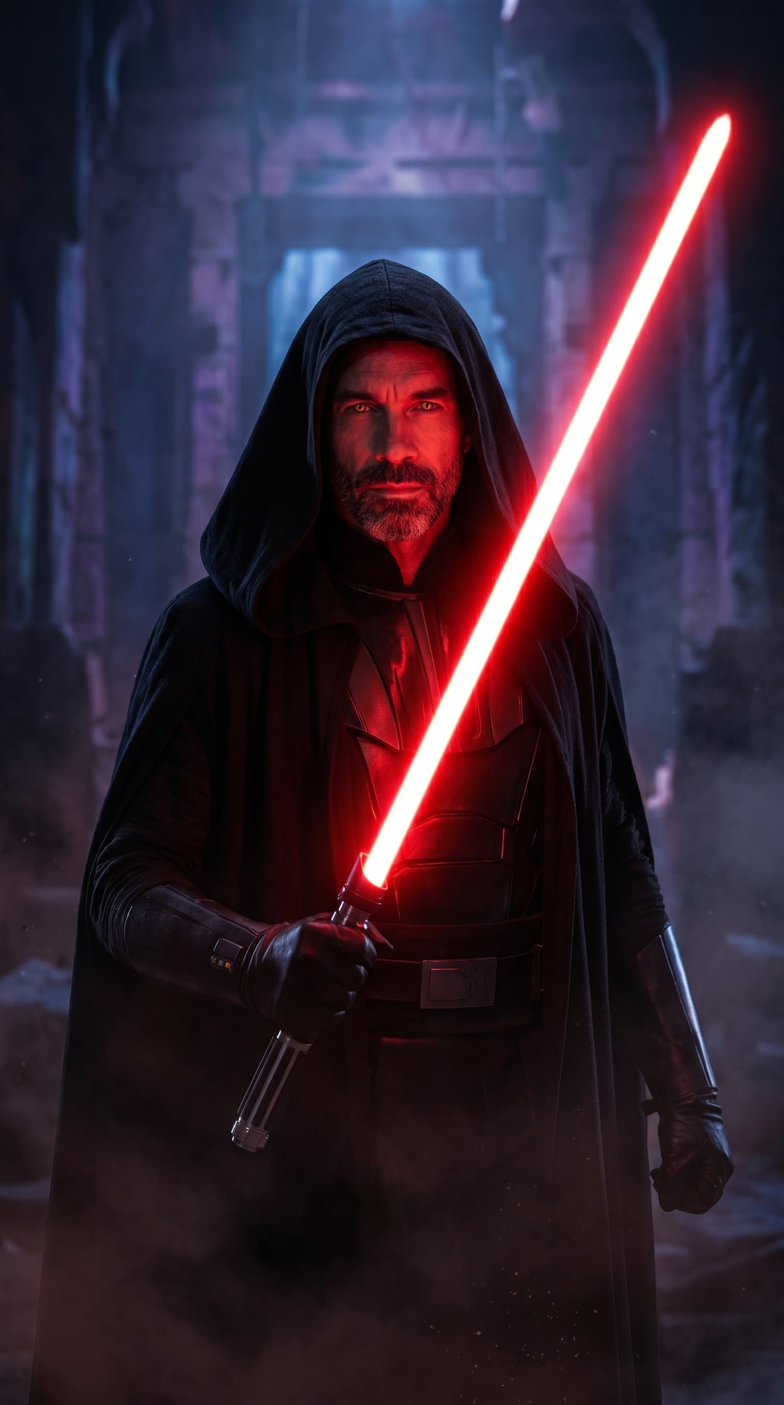 A man dressed as a Sith, in a dark and moody setting with red lightsaber glowing menacingly