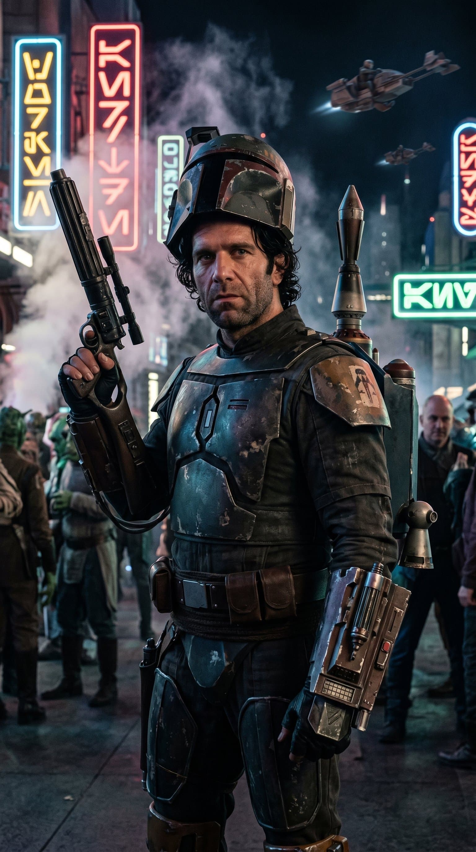 A man dressed as a Bounty Hunter, posing in the gritty streets of Coruscant at night