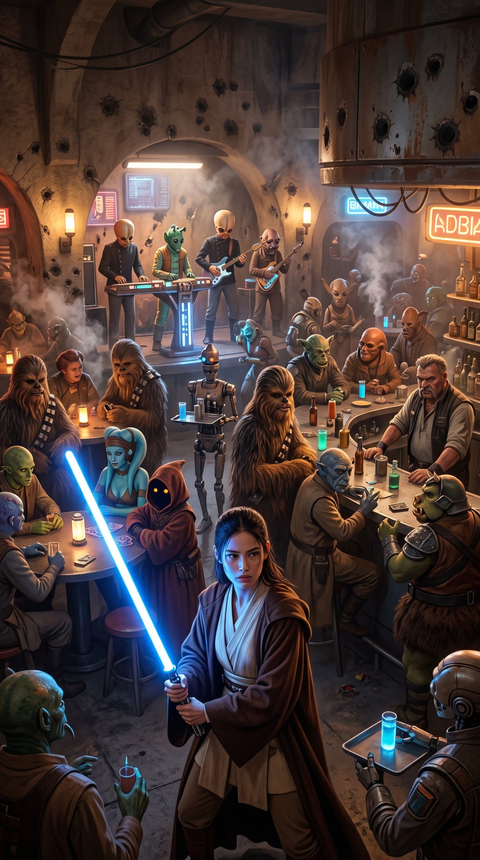 A lively Cantina scene with various alien species, musicians, and blaster marks on walls and a jedi with a blue lightsaber on the first plan