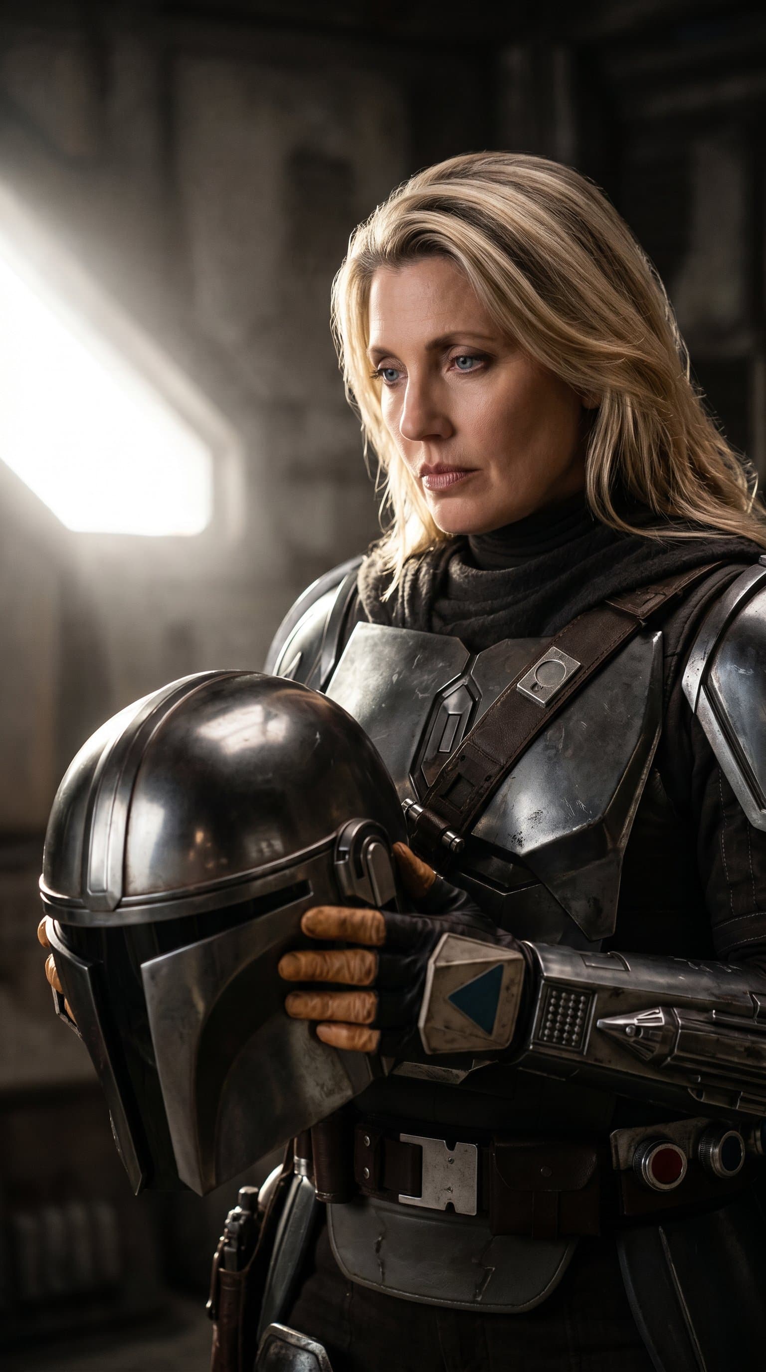 A striking portrait of a Mandalorian, with dramatic side lighting highlighting and armor, holding is helmet in his hands