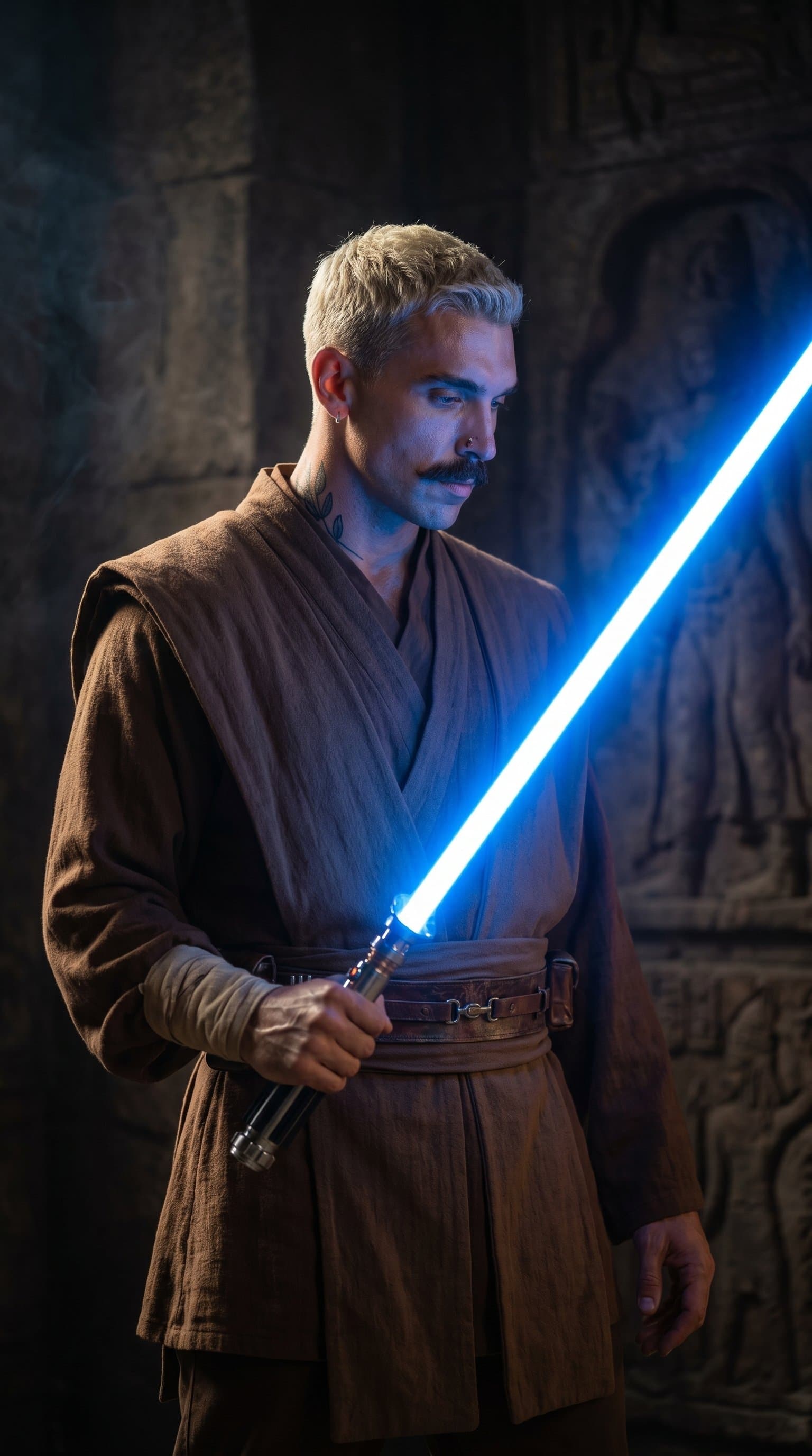 An introspective portrait of a Jedi with their blue lightsaber, with dramatic side lighting