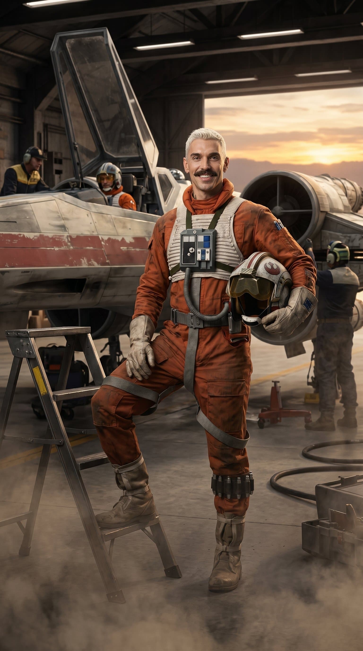 A man dressed as a rebel pilot, heroically posing in front of an X-Wing fighter