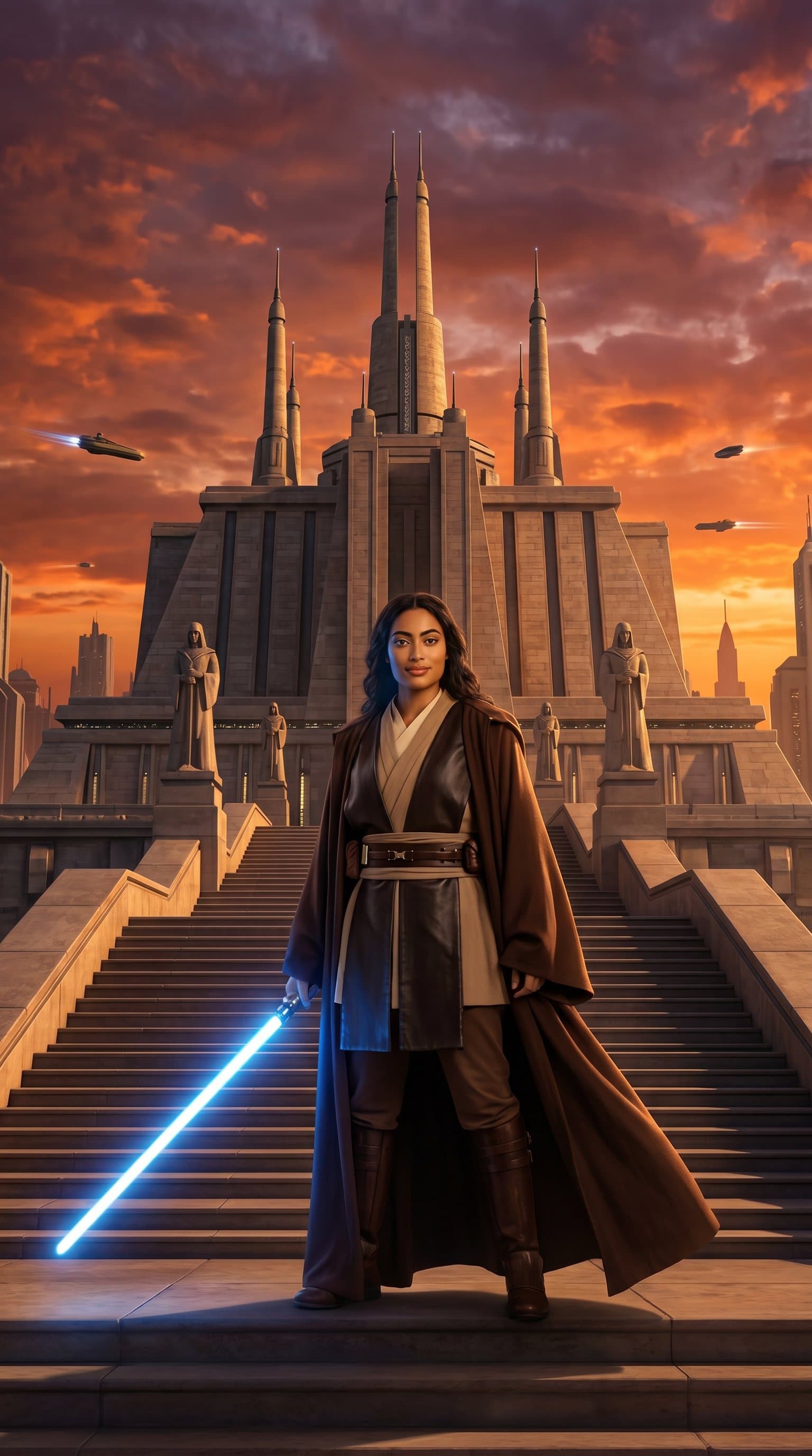 A majestic view of a jedi in front of the Jedi Temple on Coruscant, under a vibrant sunset sky