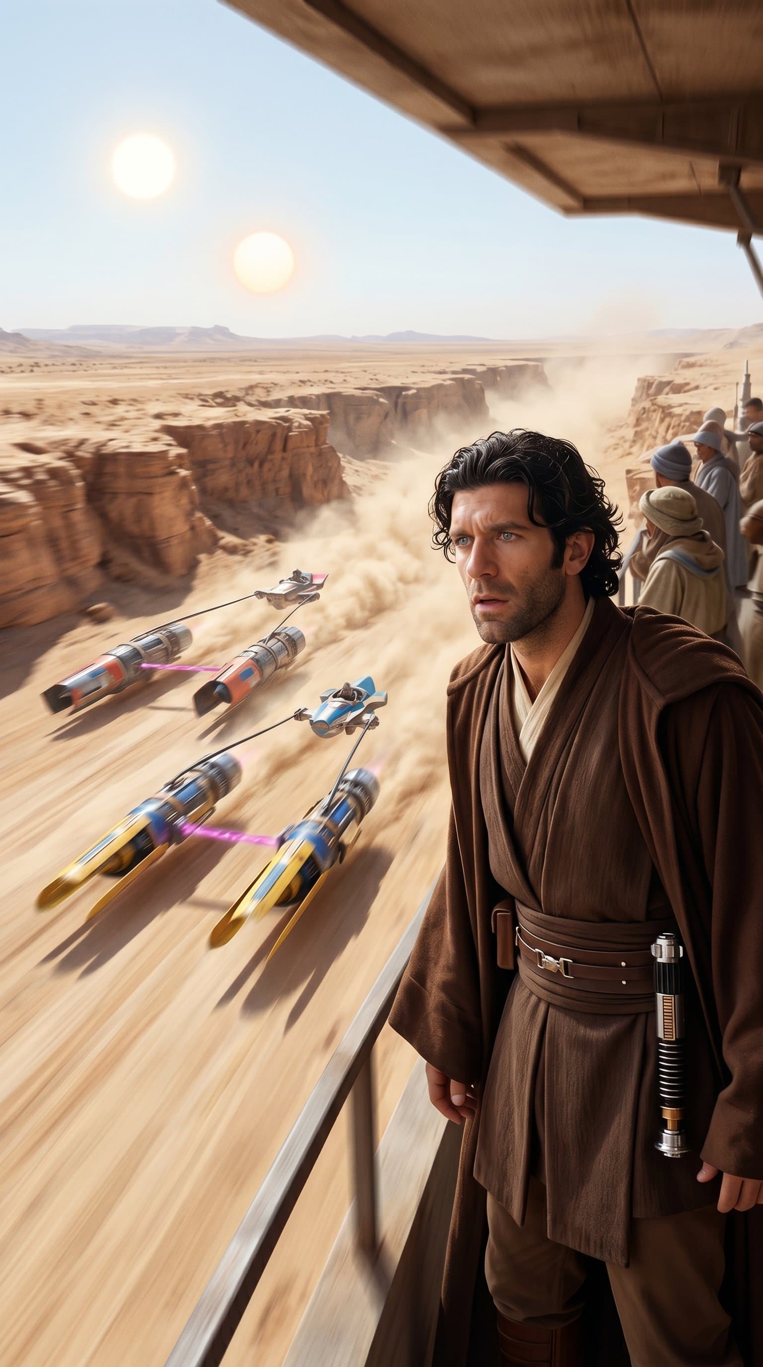 A dynamic scene of a jedi watching a Podrace in action, with the Tatooine desert as backdrop