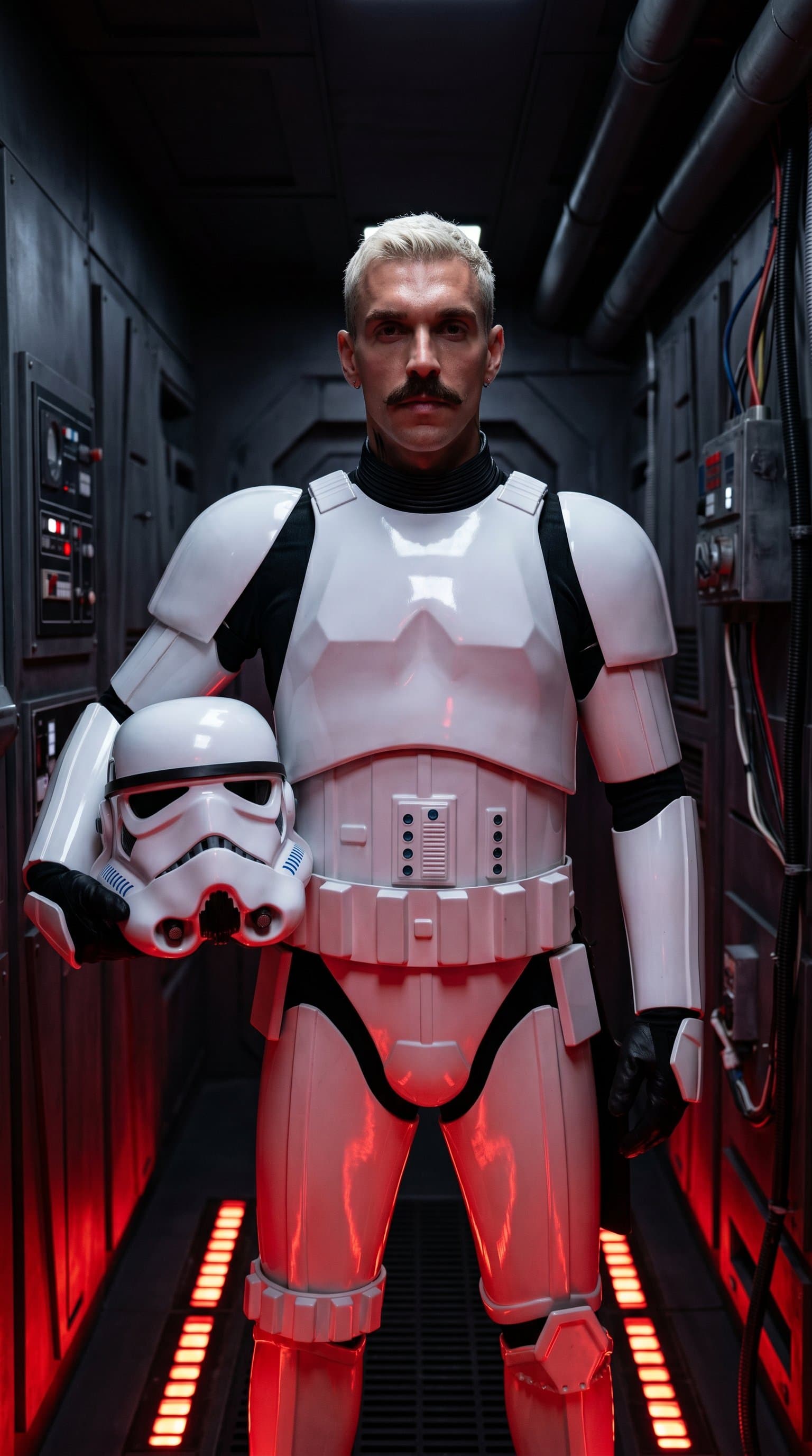 A man dressed as a Stormtrooper, dramatically lit from below in an Imperial ship's corridor