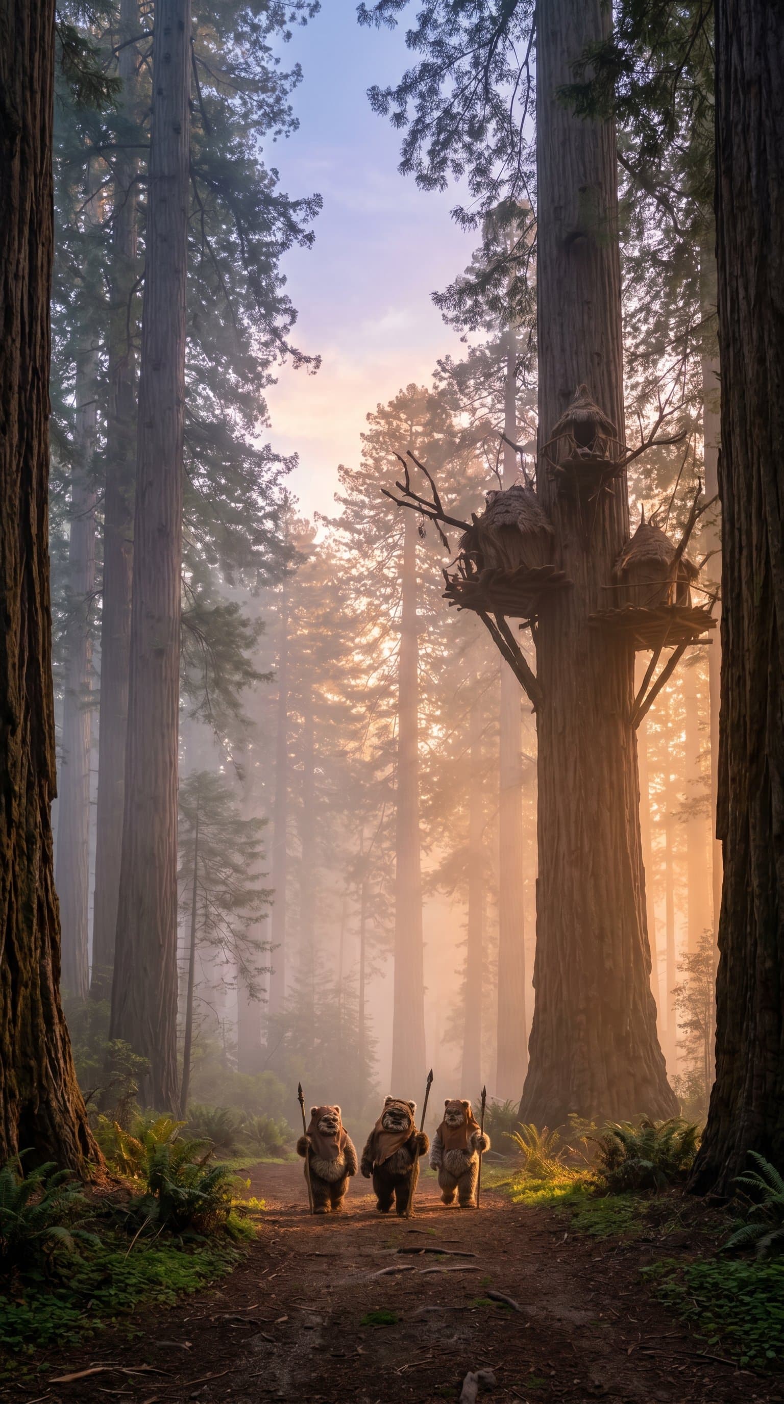 A serene dawn scene on Endor with Ewoks and towering trees