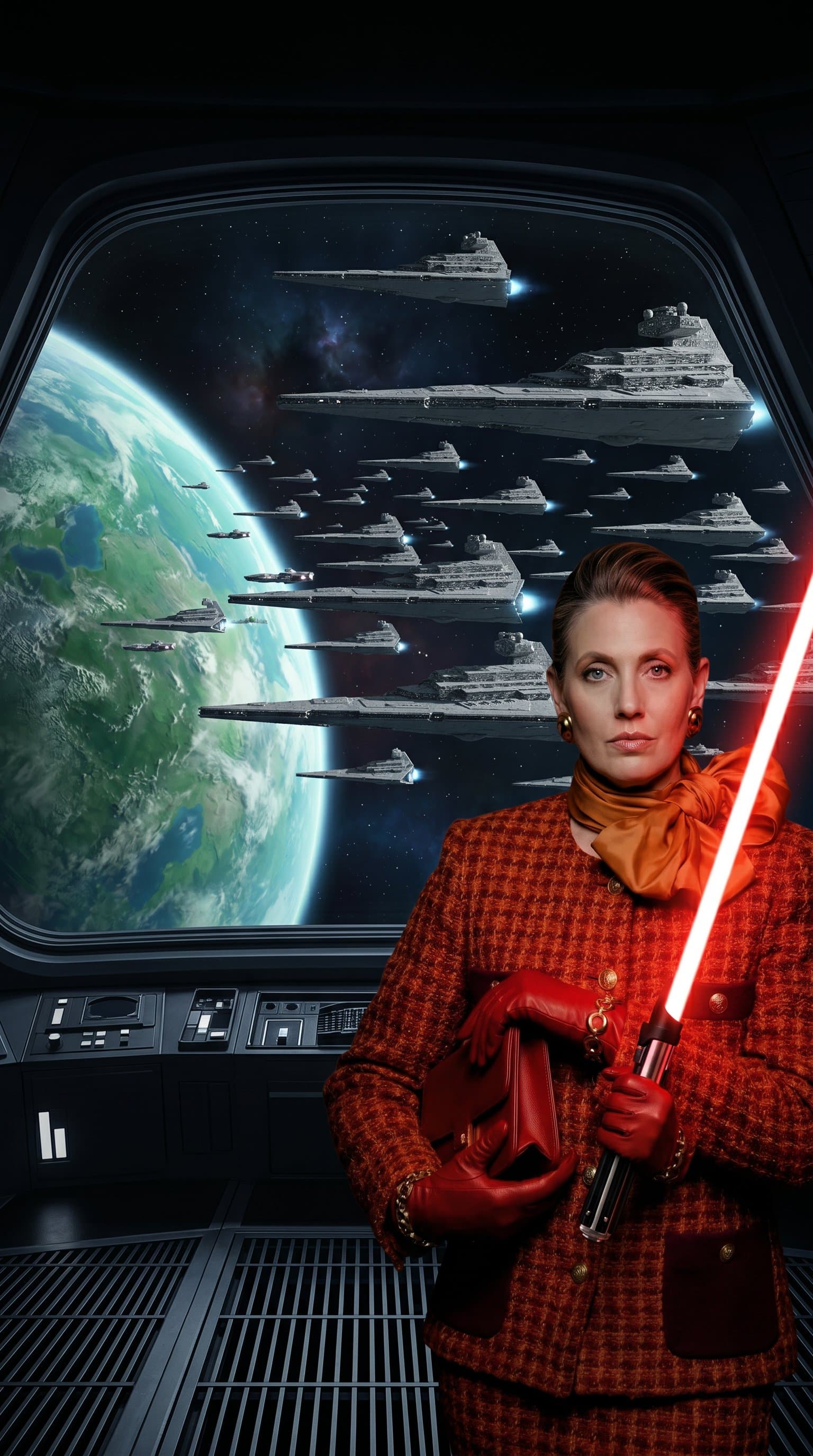 A panoramic view of a Star Destroyer fleet approaching a planet, creating a sense of impending doom and a jedi with a red lightsaber on the first plan