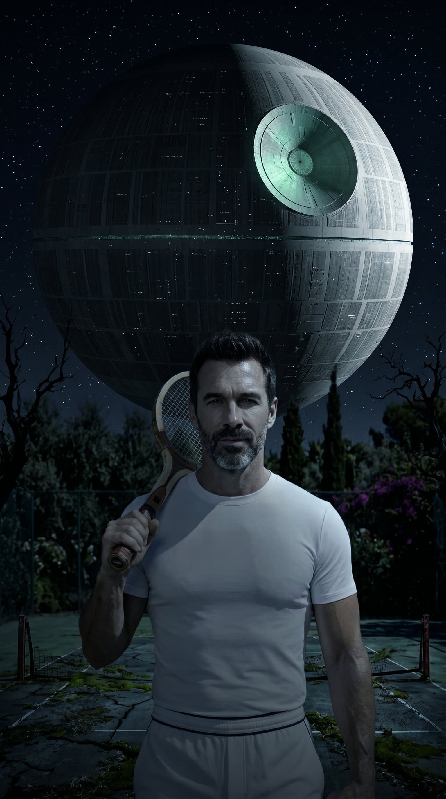 An eerie shot of the Death Star looming large in the night sky