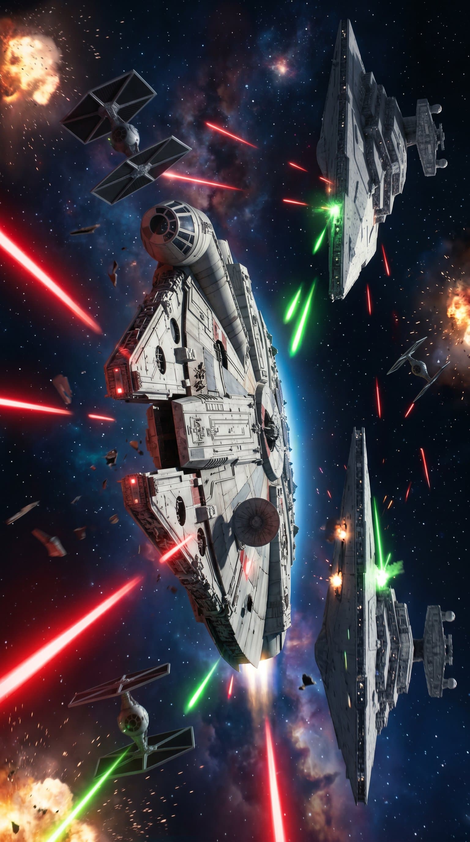 An epic space battle between starships, with the Millennium Falcon weaving through enemy fire