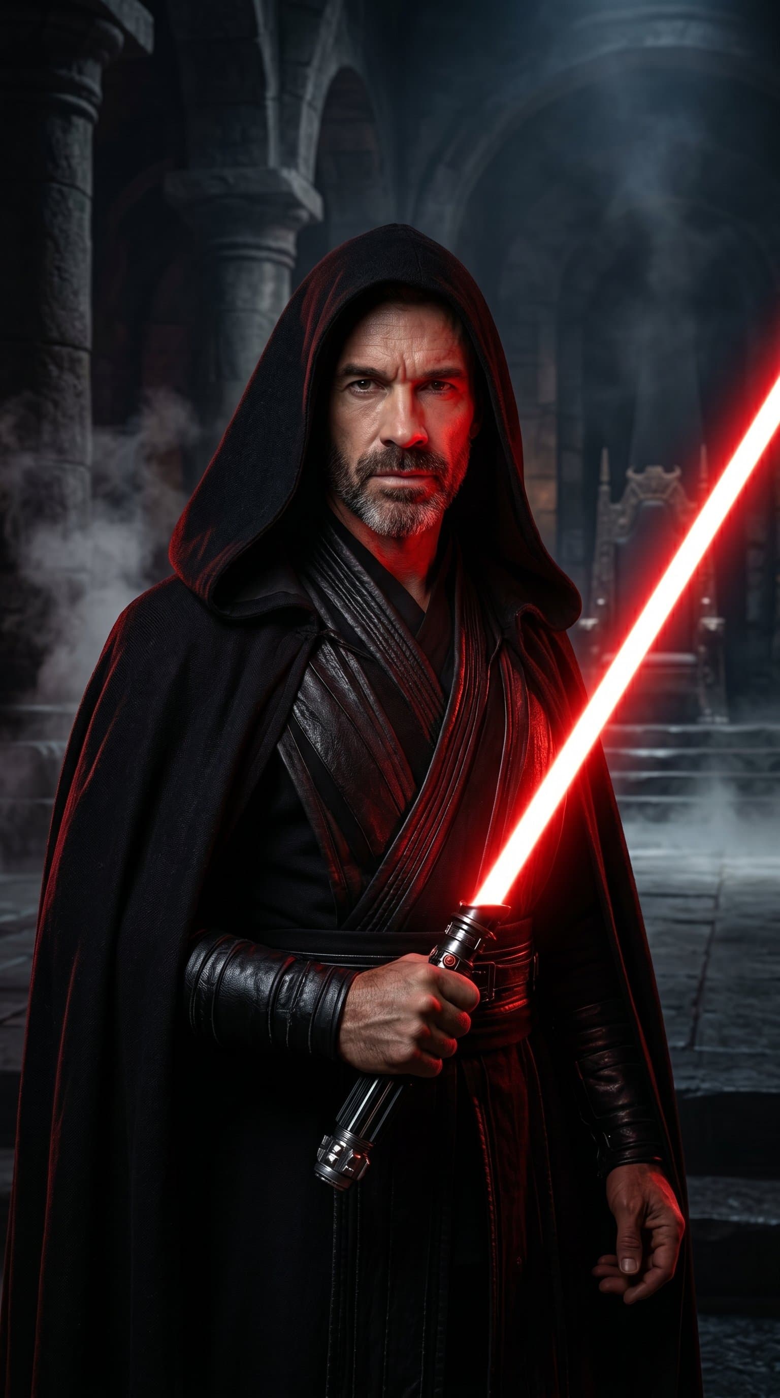 A man dressed as a Sith, in a dark and moody setting with red lightsaber glowing menacingly