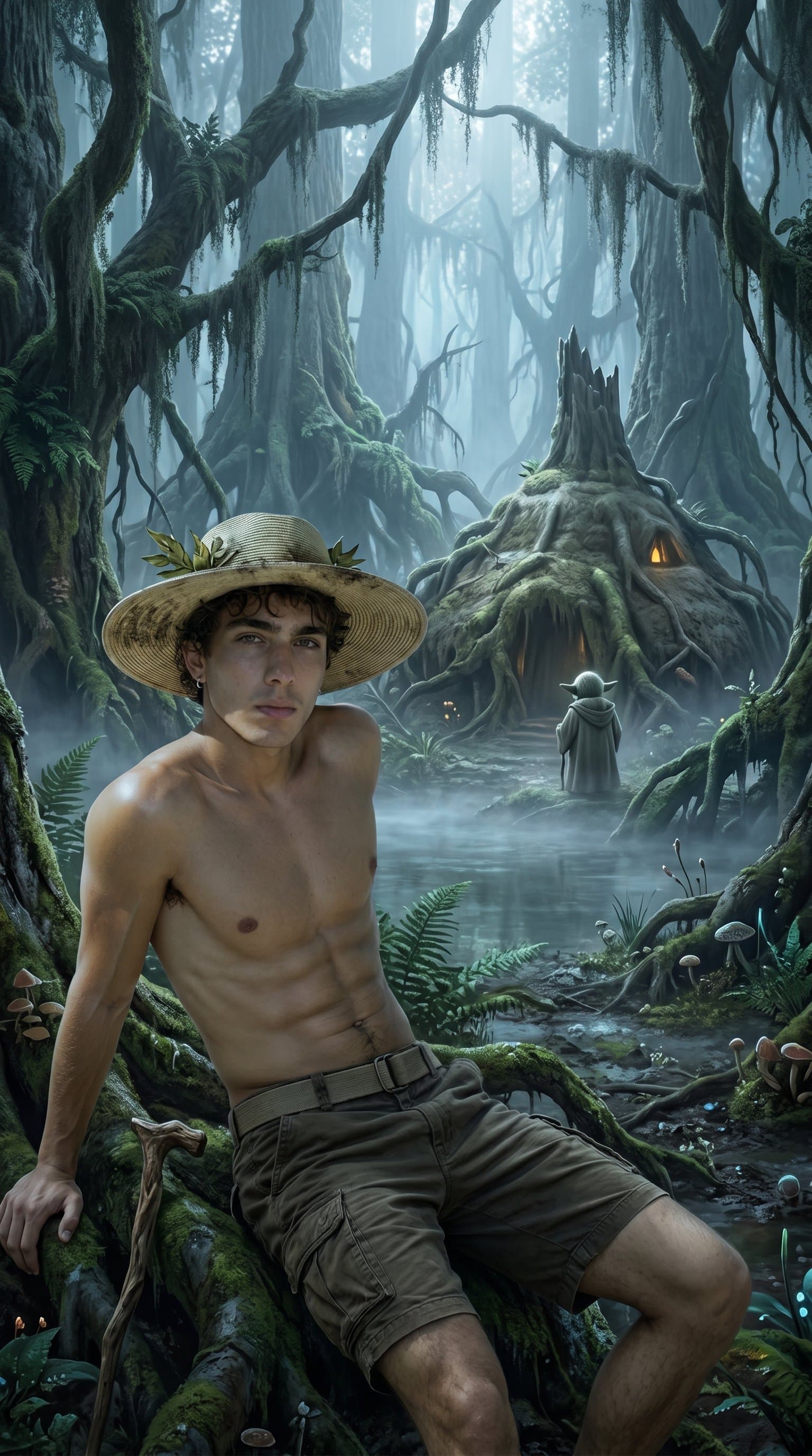 A tranquil scene of Yoda's house on Dagobah, with its dense swamp and misty atmosphere and a Star Wars caracter on the first plan