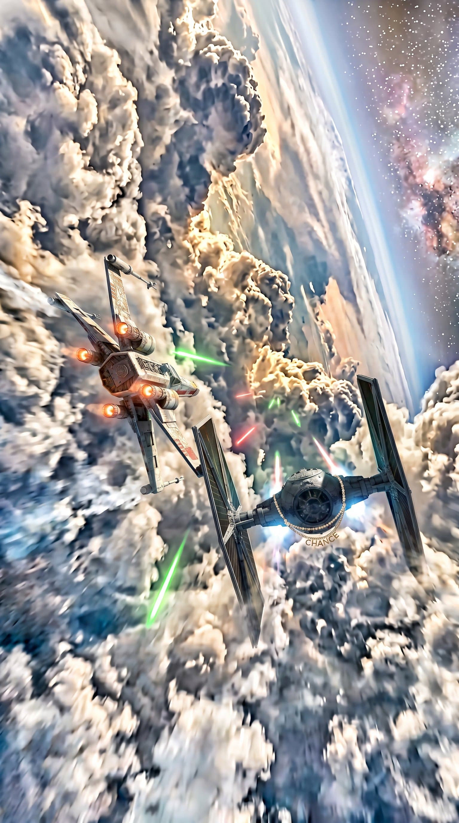 A TIE Fighter chasing an X-Wing in the midst of a cloud cover