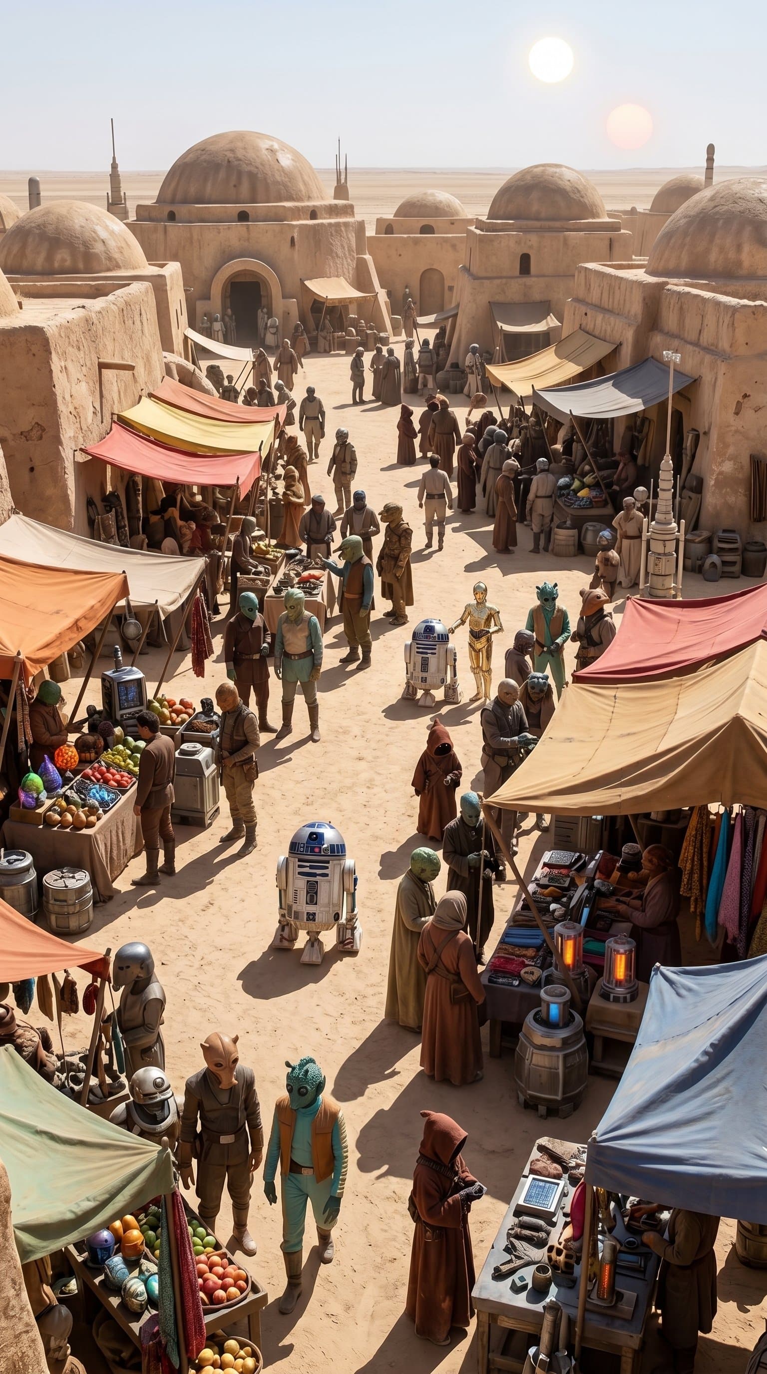 A bustling marketplace scene in Mos Eisley, filled with aliens and droids