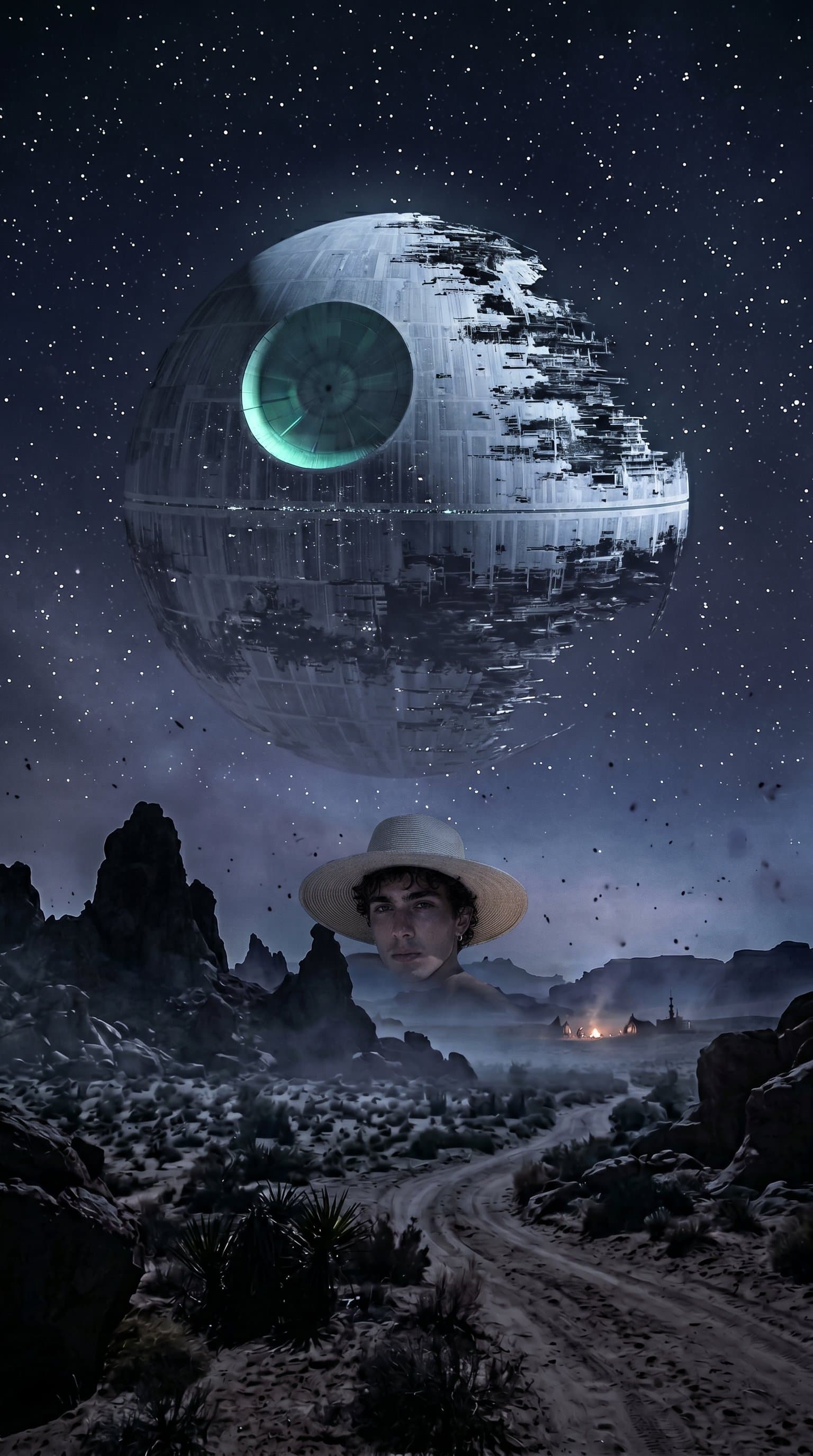 An eerie shot of the Death Star looming large in the night sky